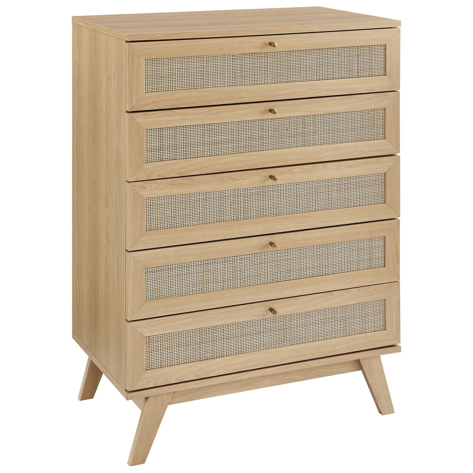 Oak 5-drawer chest with rattan-front drawers and splayed legs for a light, modern bedroom look || MOD-7052-OAK || front_angle_studio