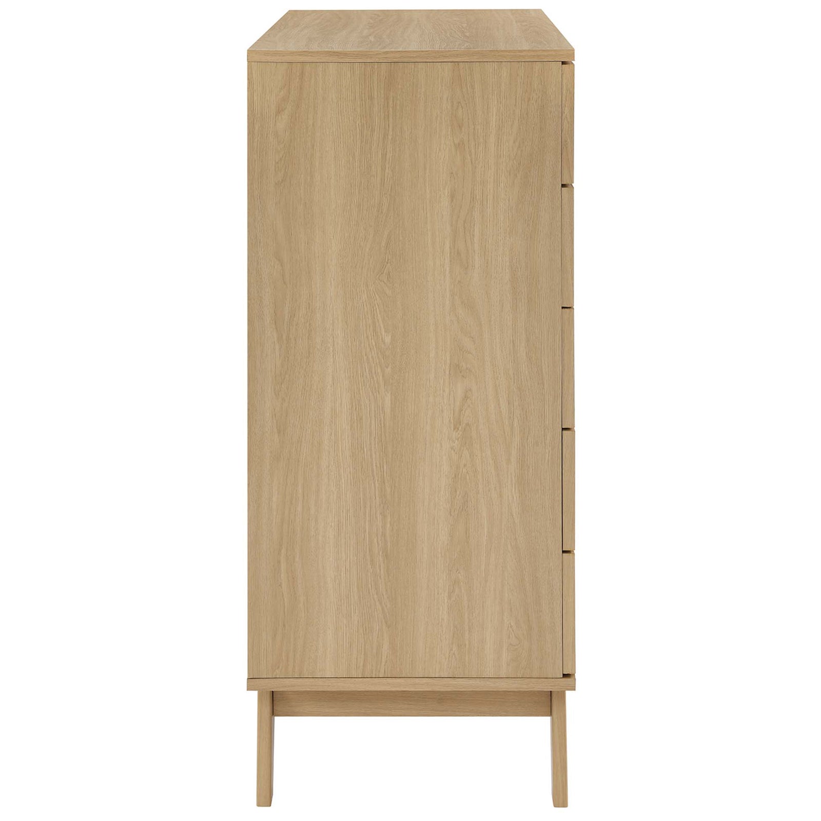Side view of oak 5-drawer chest showing smooth wood-grain finish and clean, modern lines || MOD-7052-OAK || side_studio