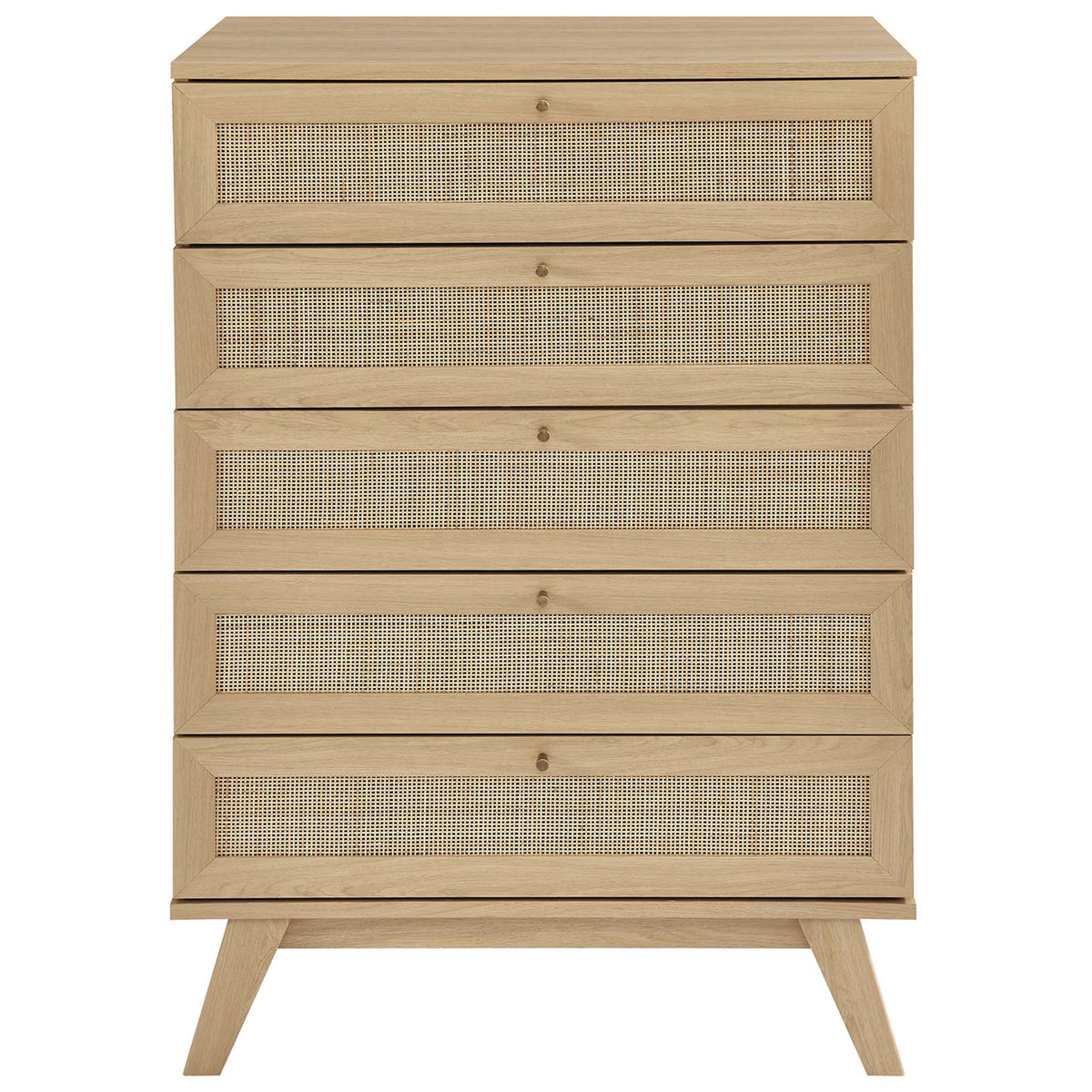 Front view of oak 5-drawer chest with woven rattan drawer fronts for airy bedroom storage || MOD-7052-OAK || front_studio