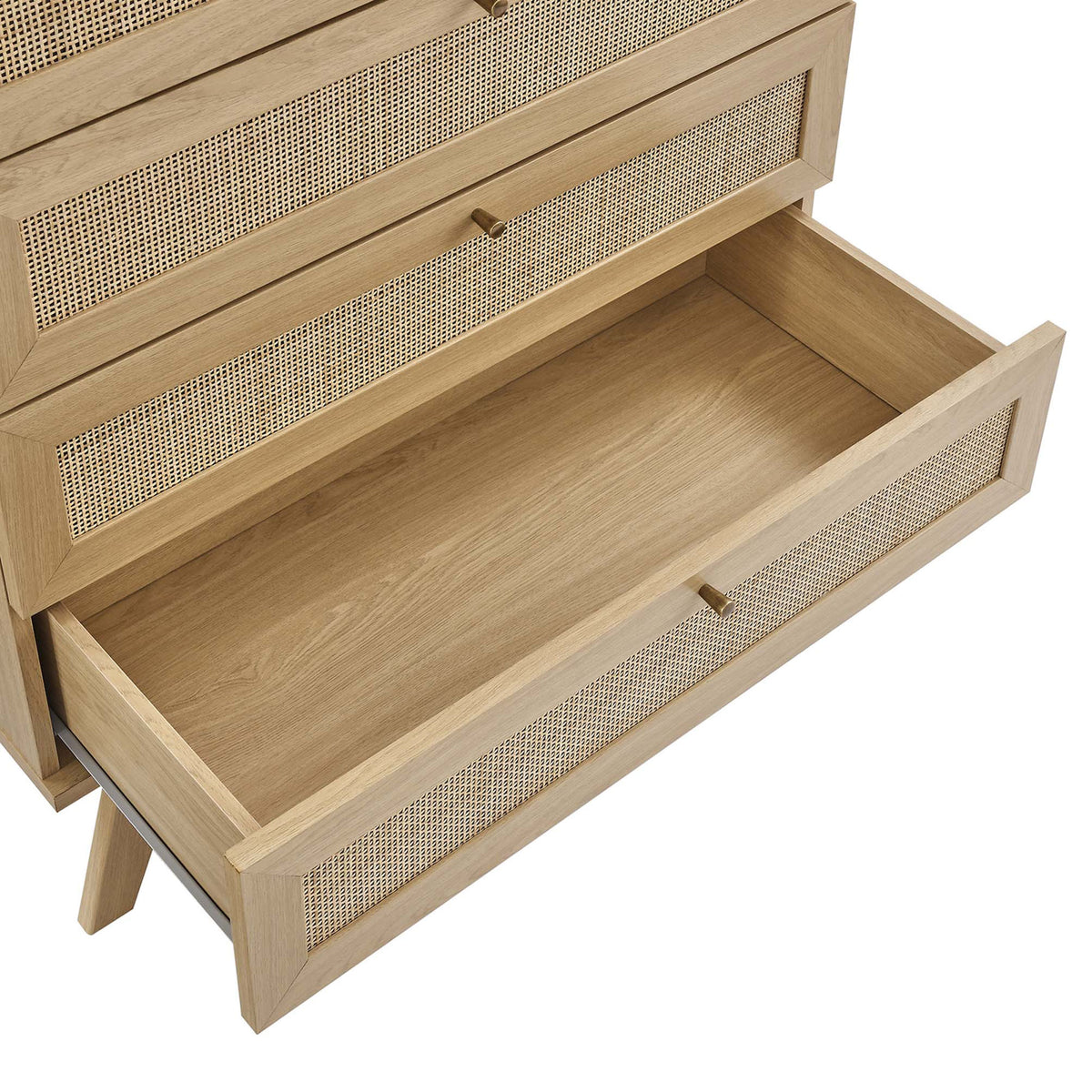 Open drawer of oak chest highlighting full-extension glides and spacious interior storage || MOD-7052-OAK || storage_open_studio