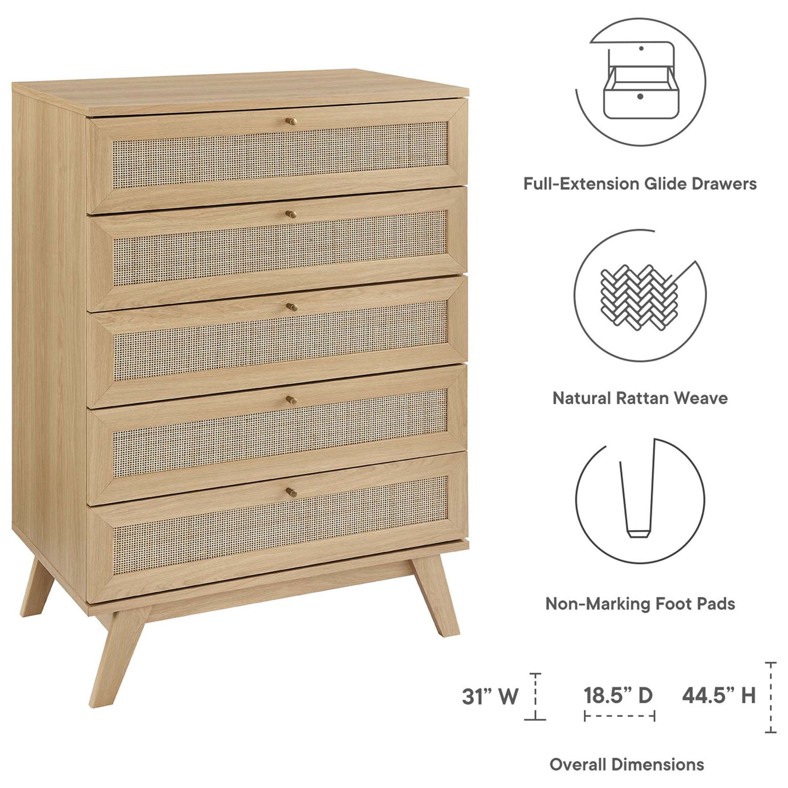 Oak 5-drawer chest with rattan fronts shown with icons for dimensions, glide drawers, and foot pads || MOD-7052-OAK || dimension_studio