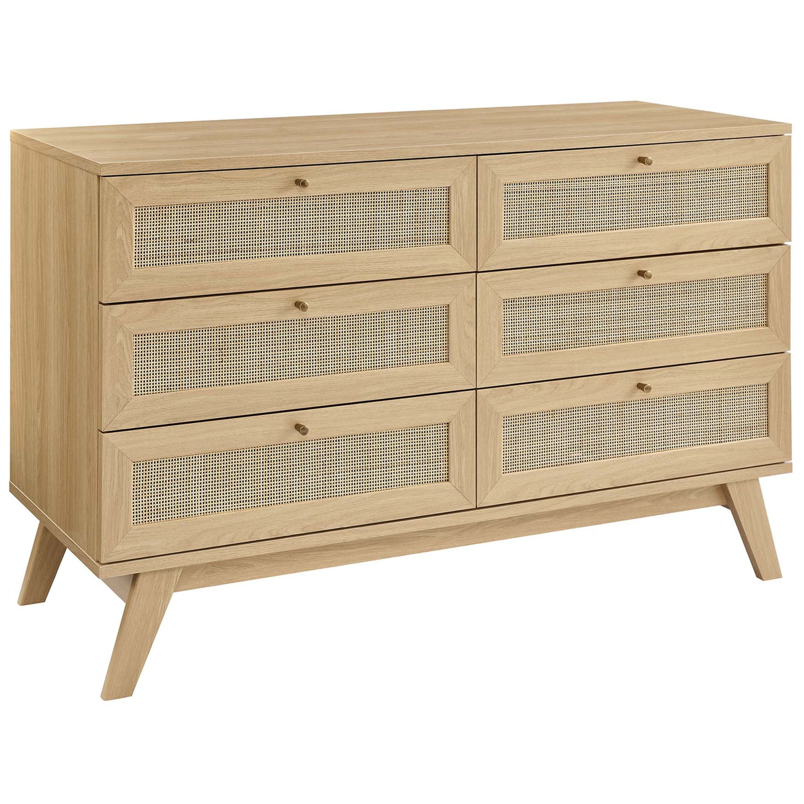 Oak Soma dresser with six rattan-front drawers and splayed legs for a warm, modern bedroom look || MOD-7053-OAK || front_angle_studio