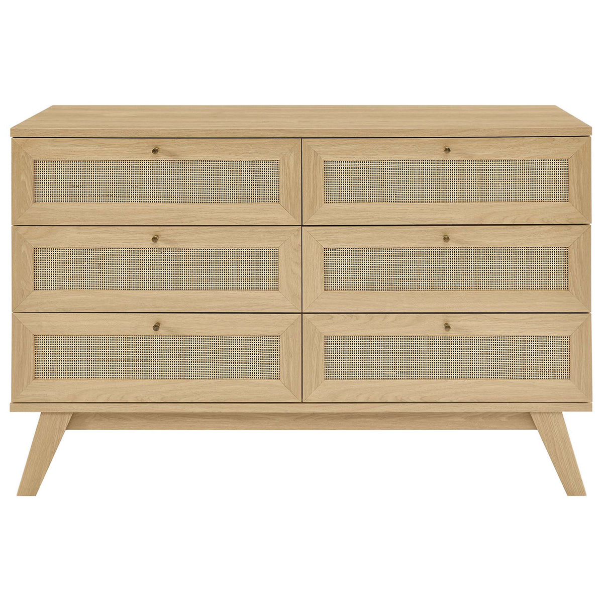 Front view of the Soma 6-drawer oak dresser with rattan panels for airy, textural bedroom storage || MOD-7053-OAK || front_studio