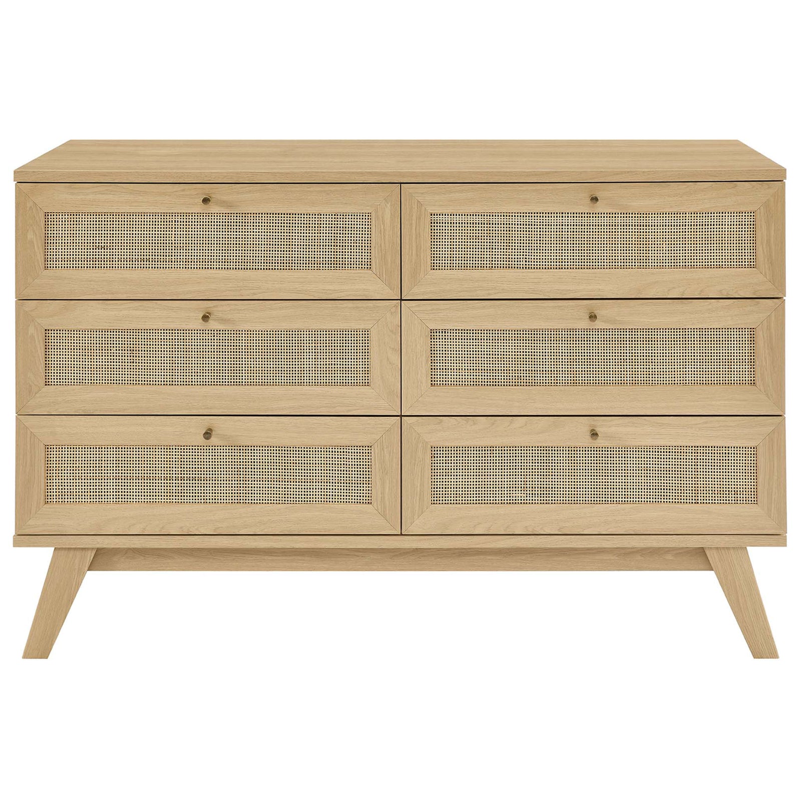 Front view of the Soma 6-drawer oak dresser with rattan panels for airy, textural bedroom storage || MOD-7053-OAK || front_studio