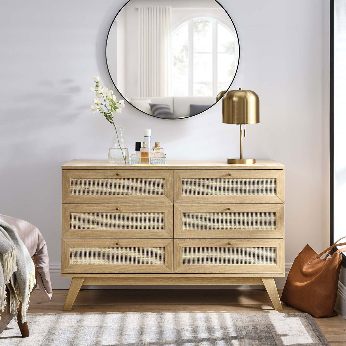 Soma oak 6-drawer dresser styled in a bright bedroom with brass accents and airy rattan drawer fronts || MOD-7053-OAK || front_room