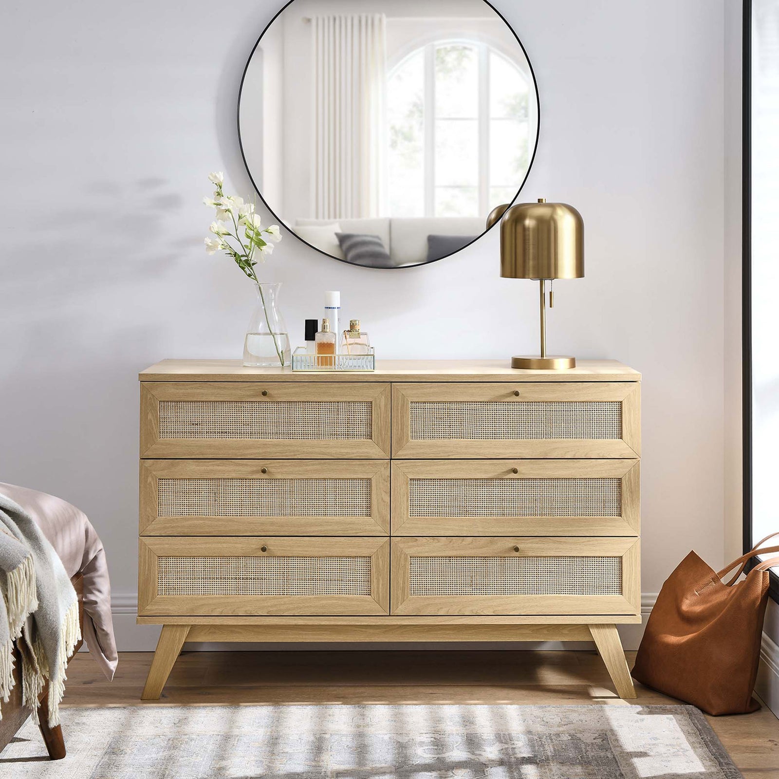 Soma oak 6-drawer dresser styled in a bright bedroom with brass accents and airy rattan drawer fronts || MOD-7053-OAK || front_room