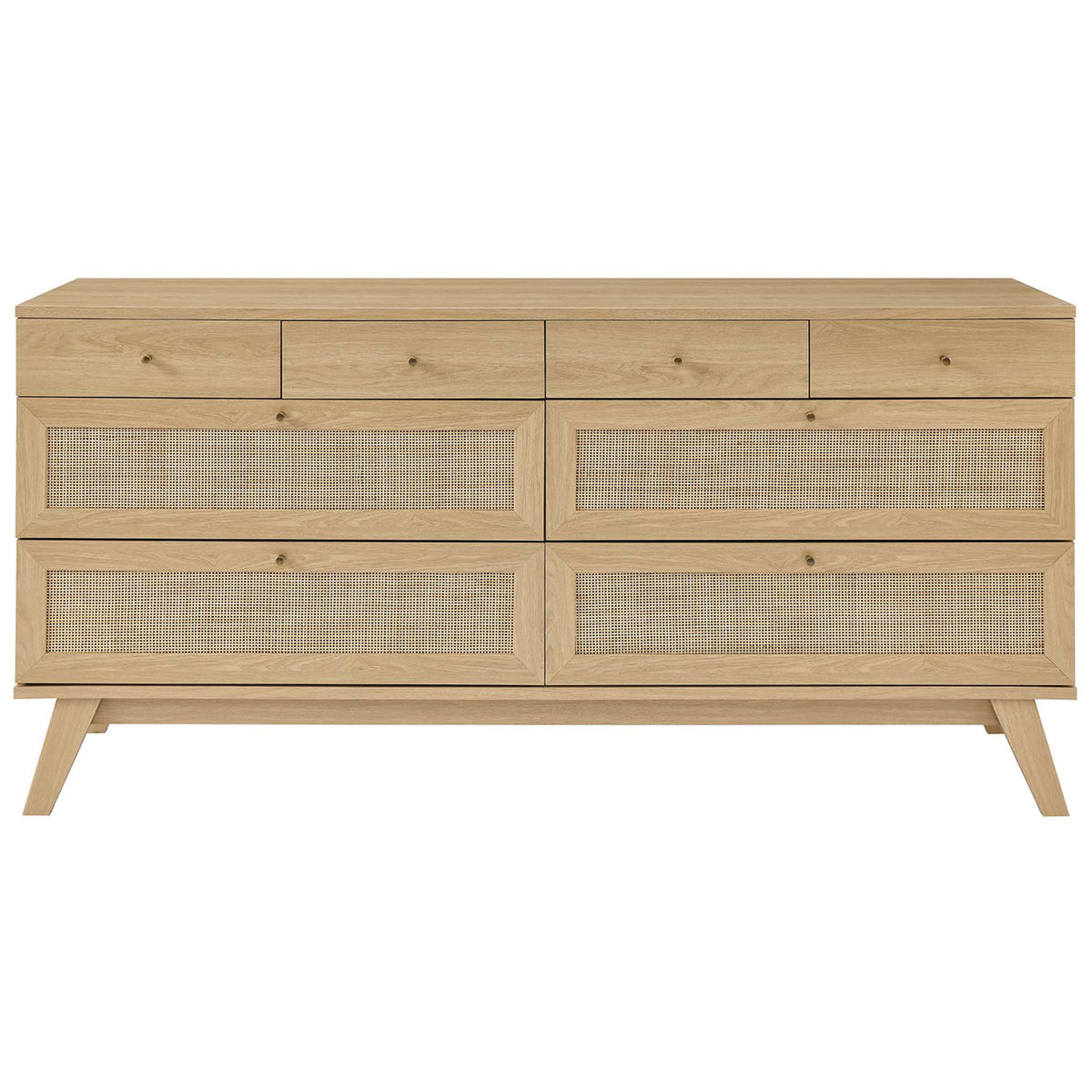 Oak 8-drawer dresser with rattan-accented lower drawers and slender knobs for a clean modern look || MOD-7054-OAK || front_studio