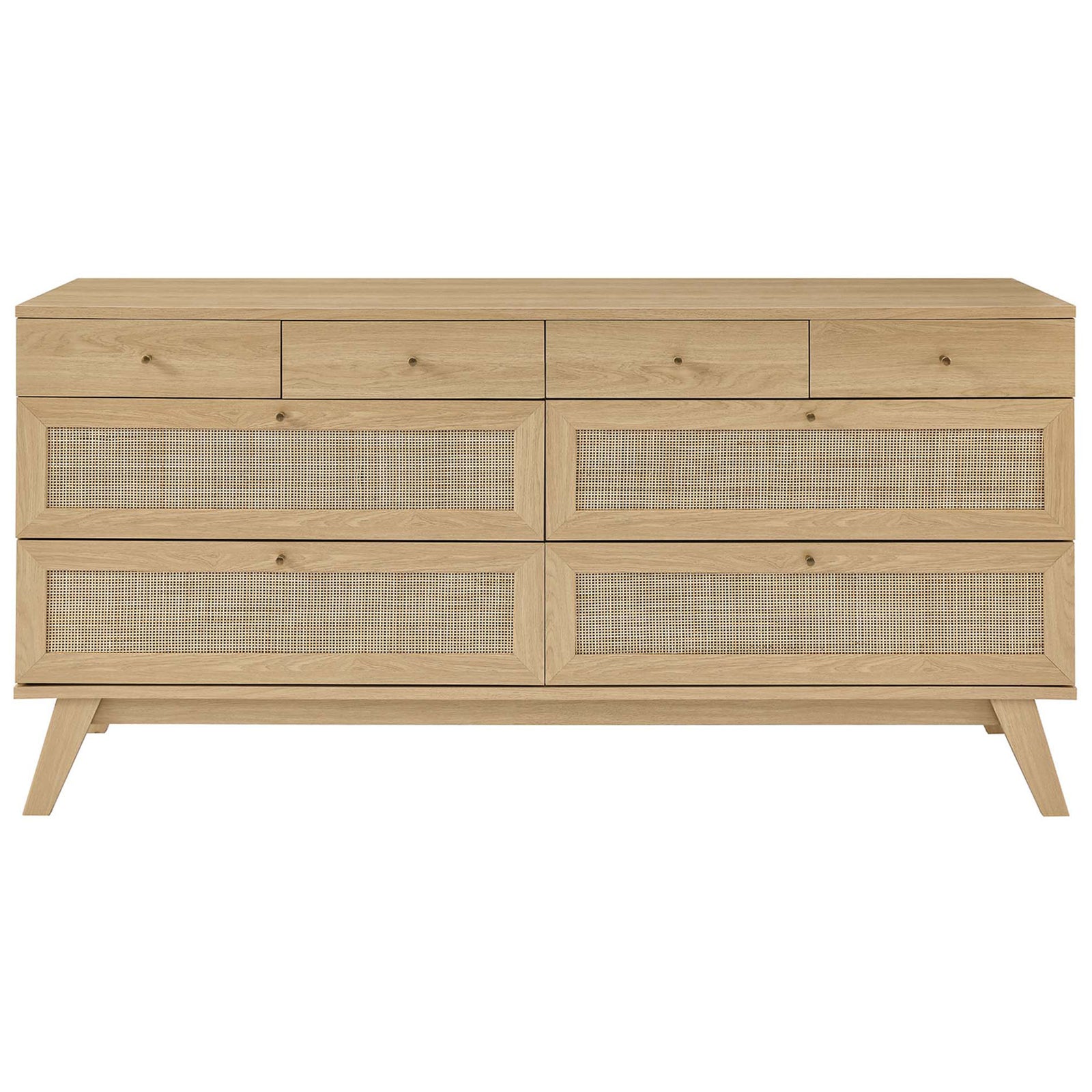 Oak 8-drawer dresser with rattan-accented lower drawers and slender knobs for a clean modern look || MOD-7054-OAK || front_studio