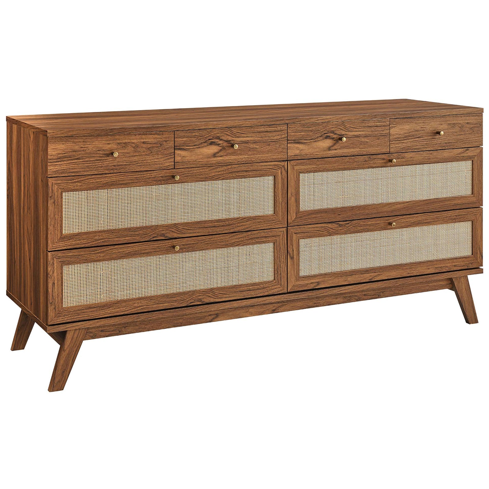 Walnut 8-drawer dresser with rattan fronts and splayed legs adds warm, organic style to the bedroom || MOD-7054-WAL || front_angle_studio