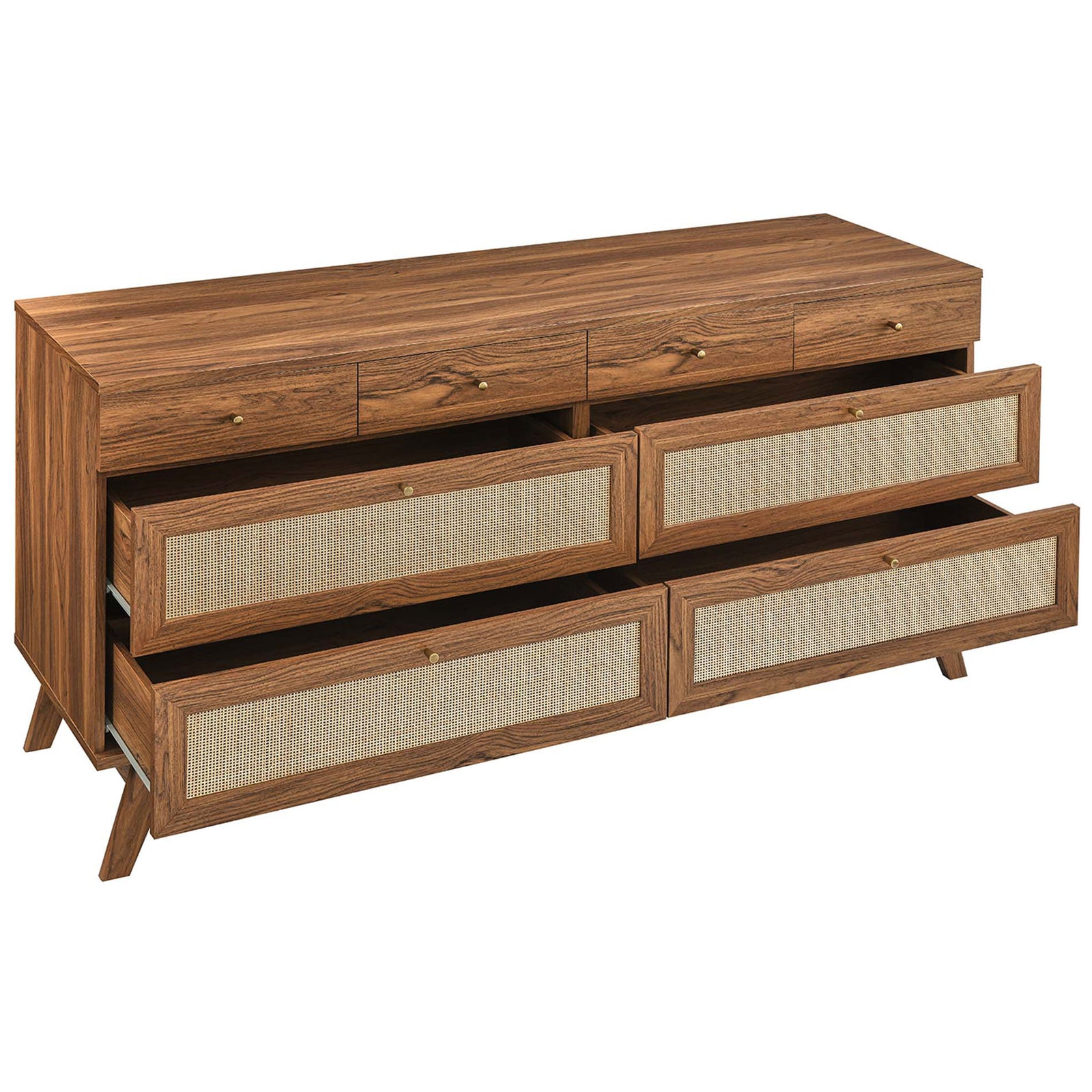 Spacious drawers on smooth metal glides reveal generous storage for clothing, linens, and bedroom essentials || MOD-7054-WAL || front_angle_open_studio