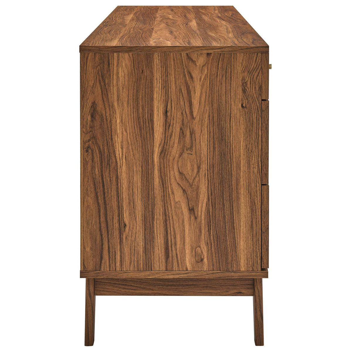 Rich walnut wood grain and clean lines highlight the dresser's streamlined profile and sturdy angled legs || MOD-7054-WAL || side_studio