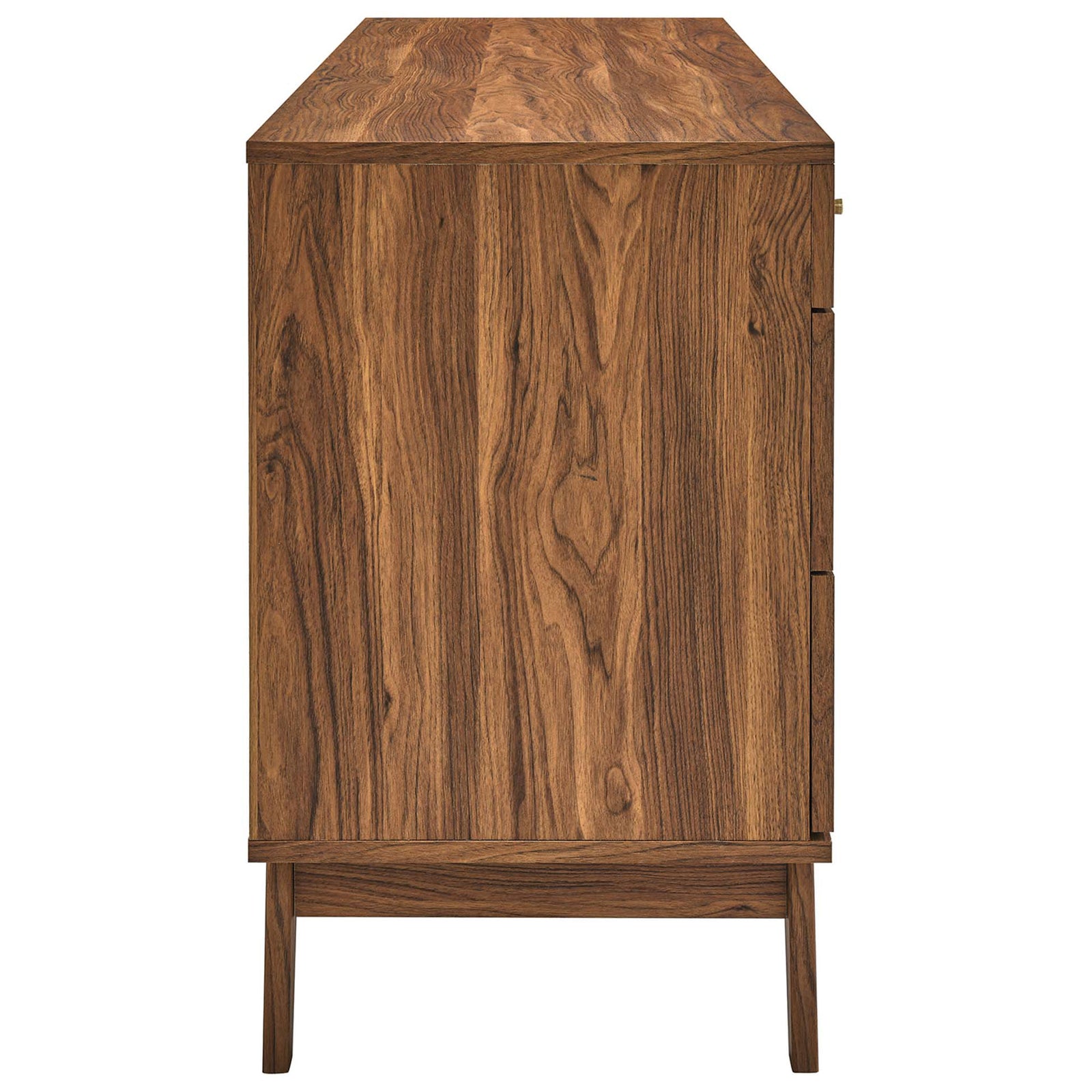 Rich walnut wood grain and clean lines highlight the dresser's streamlined profile and sturdy angled legs || MOD-7054-WAL || side_studio