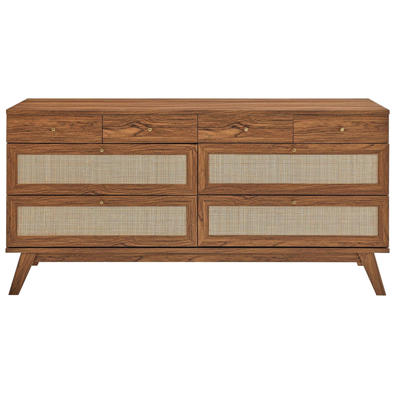 Mid-century inspired walnut dresser with eight drawers and woven rattan panels for airy, textural bedroom storage || MOD-7054-WAL || front_studio
