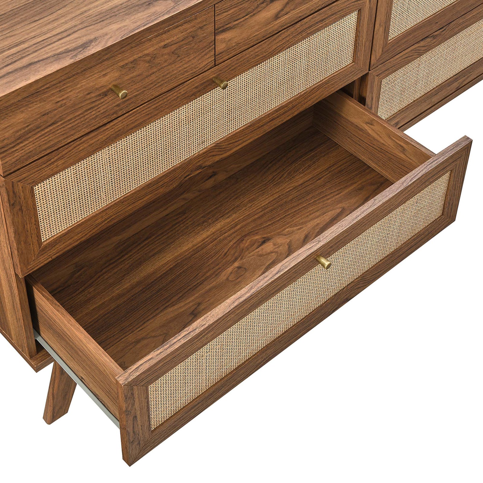 Deep drawer with woven rattan front and brass pull showcases smooth metal glides and spacious interior storage || MOD-7054-WAL || storage_open_studio