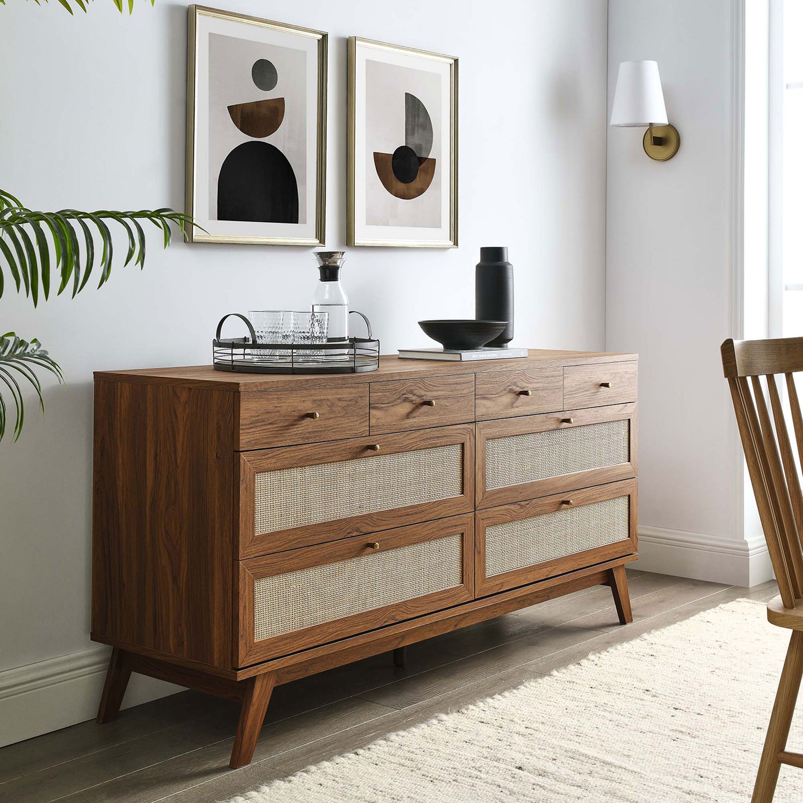 Walnut dresser with rattan-accented drawers brings warm modern style to a bright, thoughtfully layered room || MOD-7054-WAL || front_angle_room