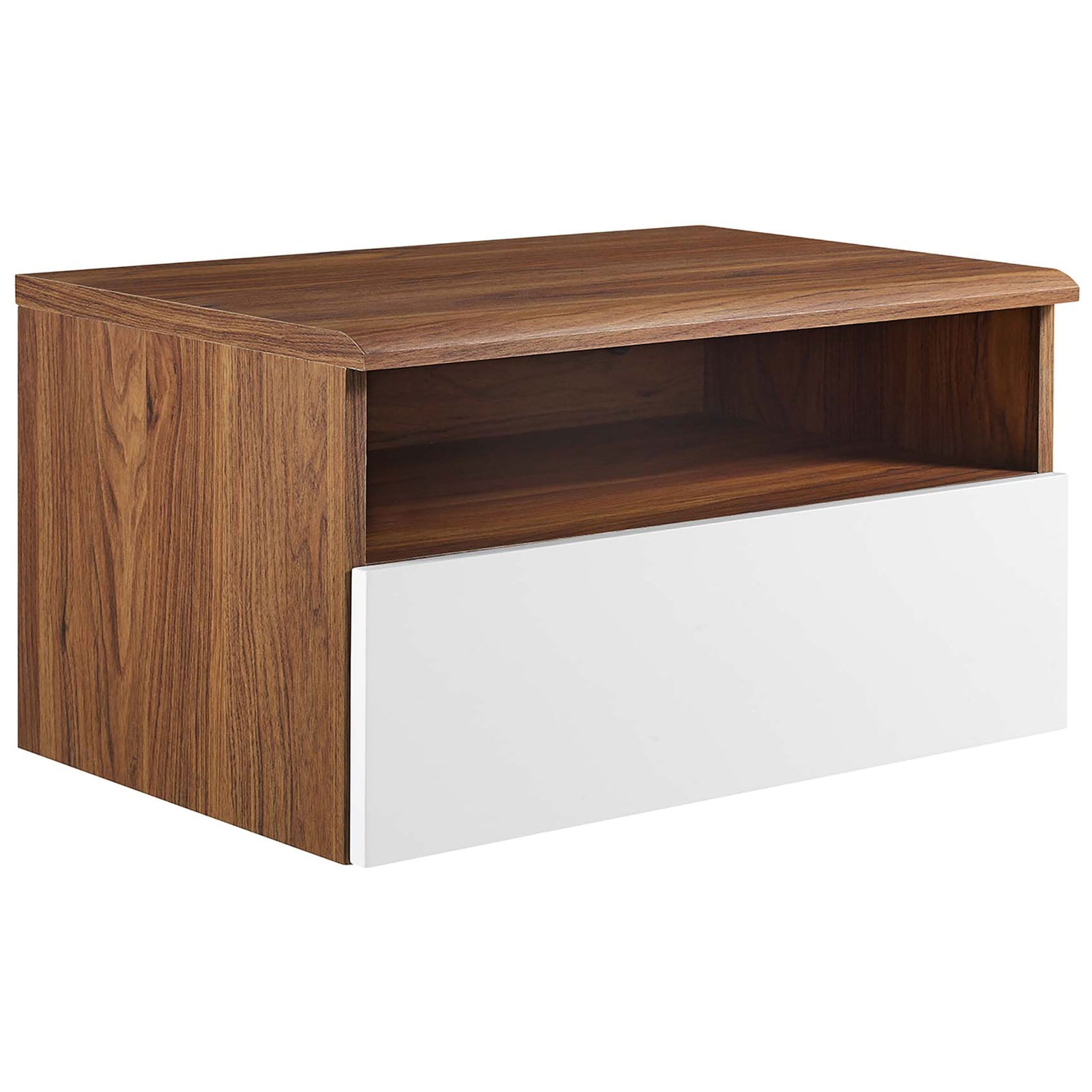 Walnut and white floating nightstand showcasing the roomy open shelf and smooth drawer front. || MOD-7057-WAL-WHI || front_angle_studio