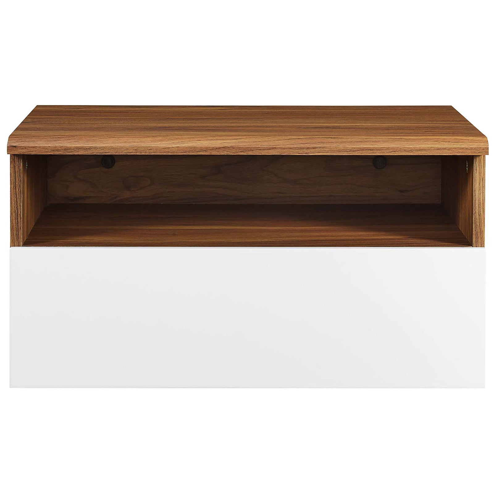 Minimalist walnut wall-mount nightstand with white drawer front and open cubby shelf. || MOD-7057-WAL-WHI || front_studio