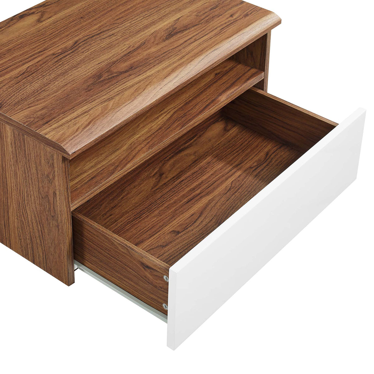 Floating nightstand with full-extension drawer open to reveal generous storage and wood grain interior. || MOD-7057-WAL-WHI || storage_open_studio