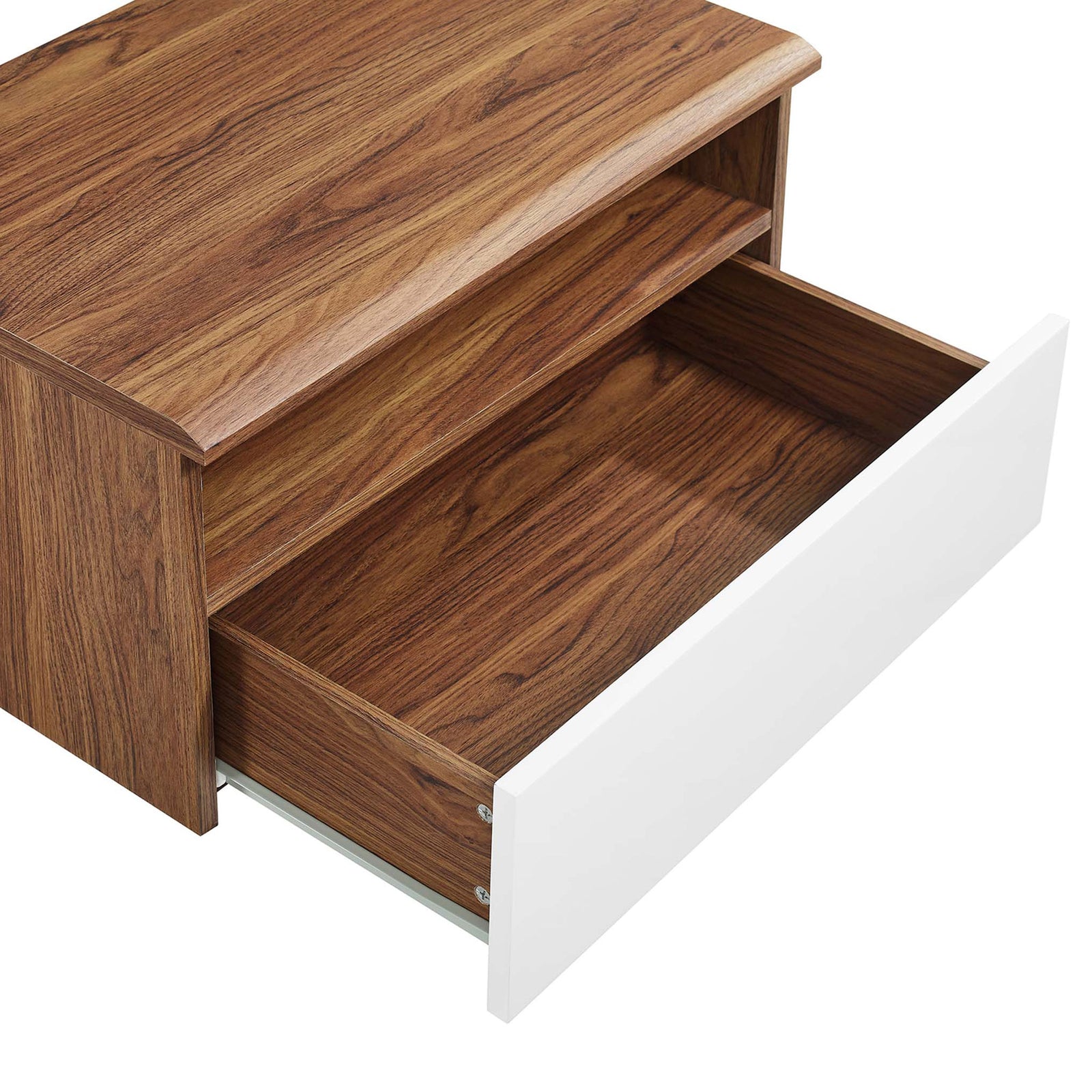 Floating nightstand with full-extension drawer open to reveal generous storage and wood grain interior. || MOD-7057-WAL-WHI || storage_open_studio