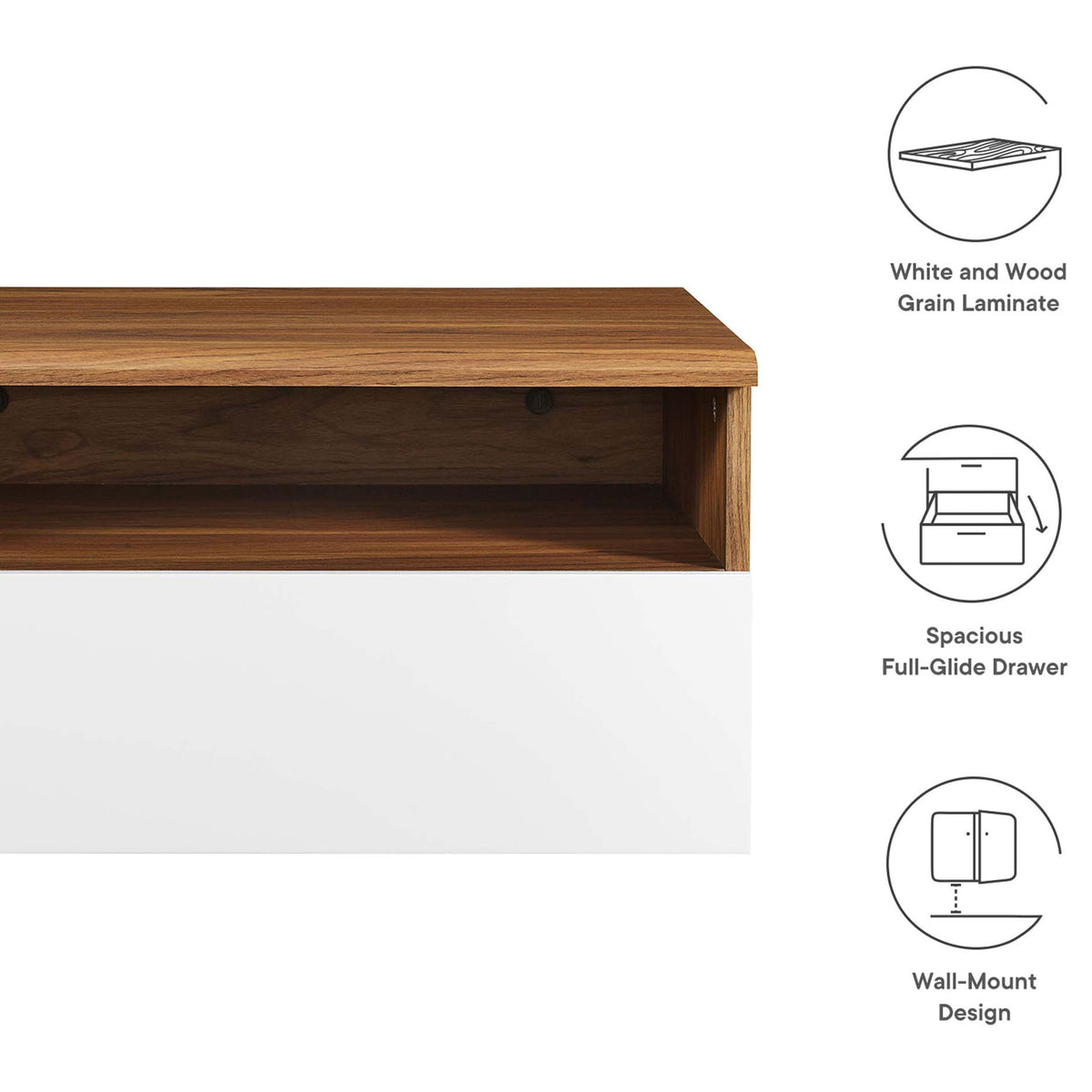 Envision nightstand features shown with icons for wood grain finish, spacious drawer, and wall-mount design. || MOD-7057-WAL-WHI || callout_studio