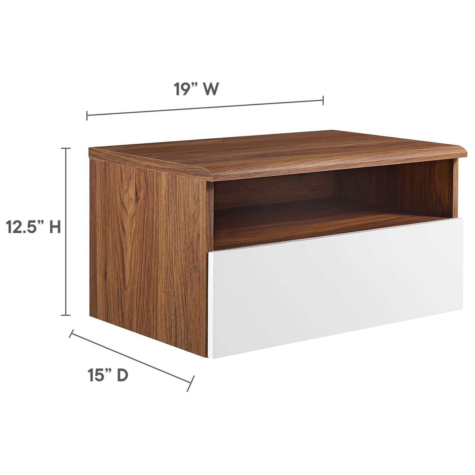 Wall-mount nightstand shown with simple diagram labeling its overall width, height, and depth dimensions. || MOD-7057-WAL-WHI || dimension_studio