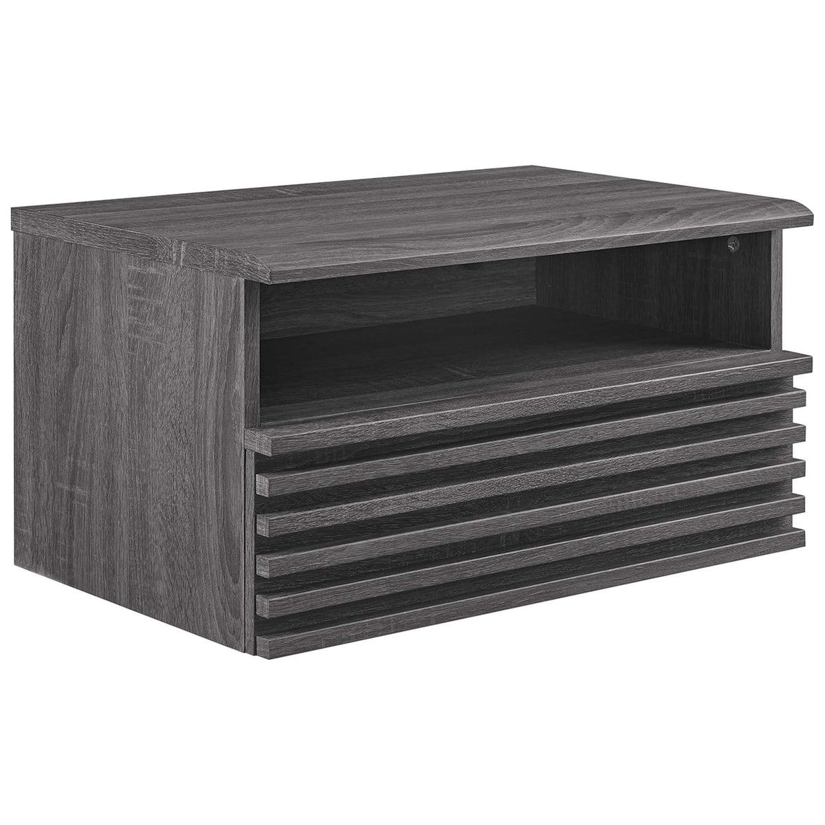 Charcoal wall mounted nightstand showcasing slatted drawer design and open storage cubby || MOD-7058-CHA || front_angle_studio