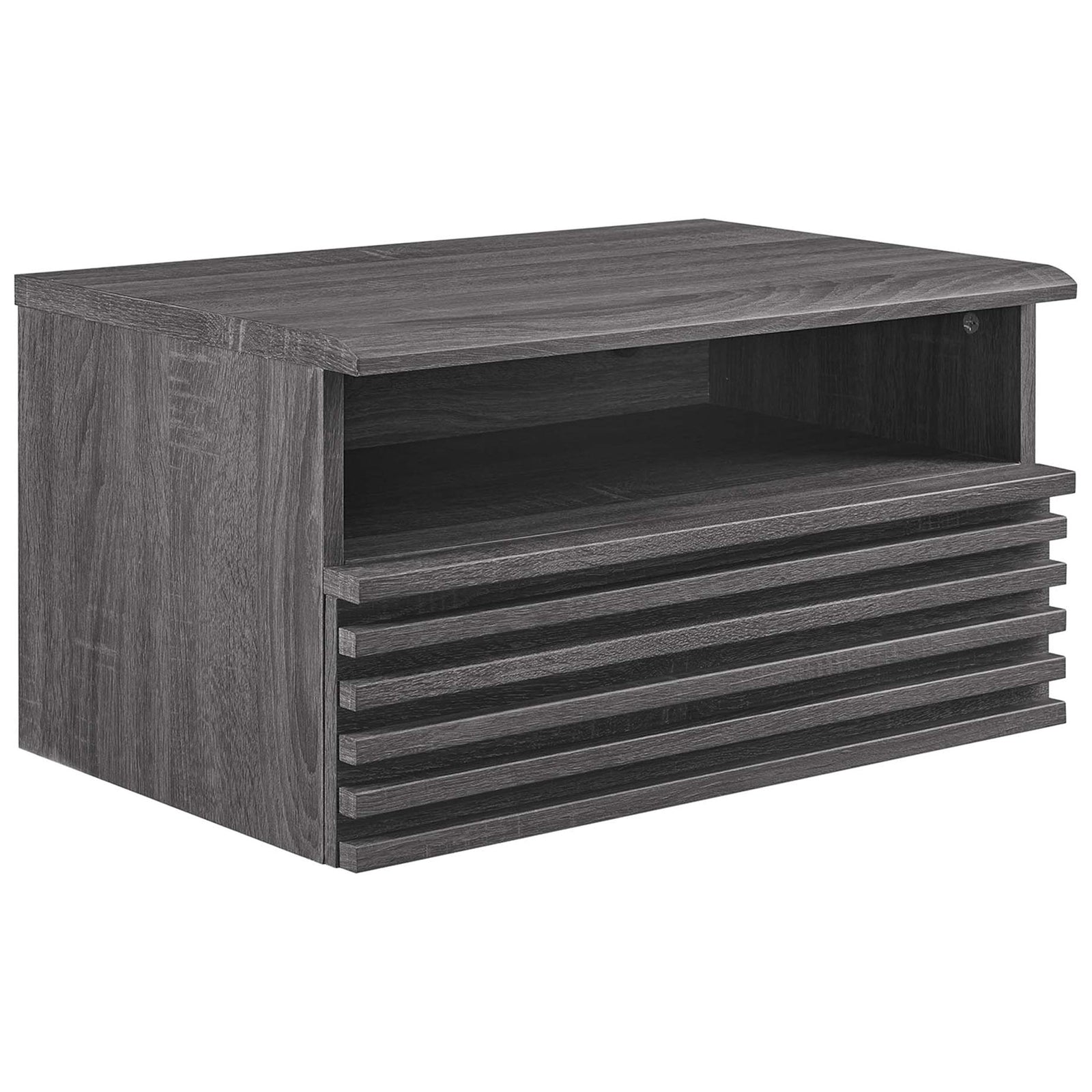 Charcoal wall mounted nightstand showcasing slatted drawer design and open storage cubby || MOD-7058-CHA || front_angle_studio