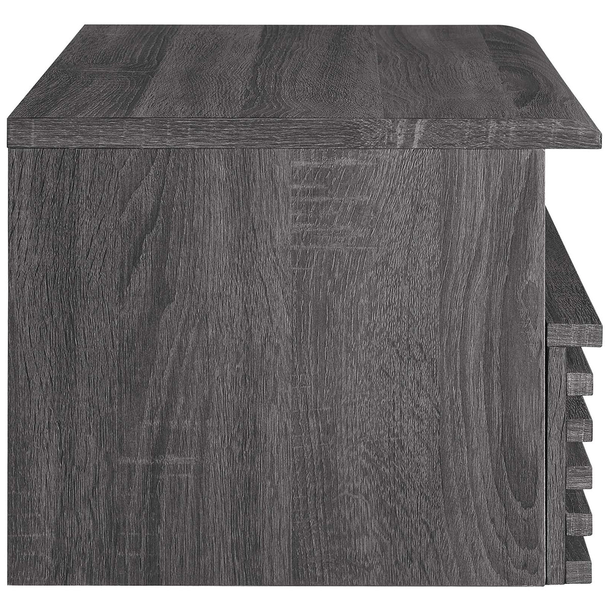 Charcoal wall mounted nightstand highlighting smooth wood grain texture on the side panel || MOD-7058-CHA || side_studio