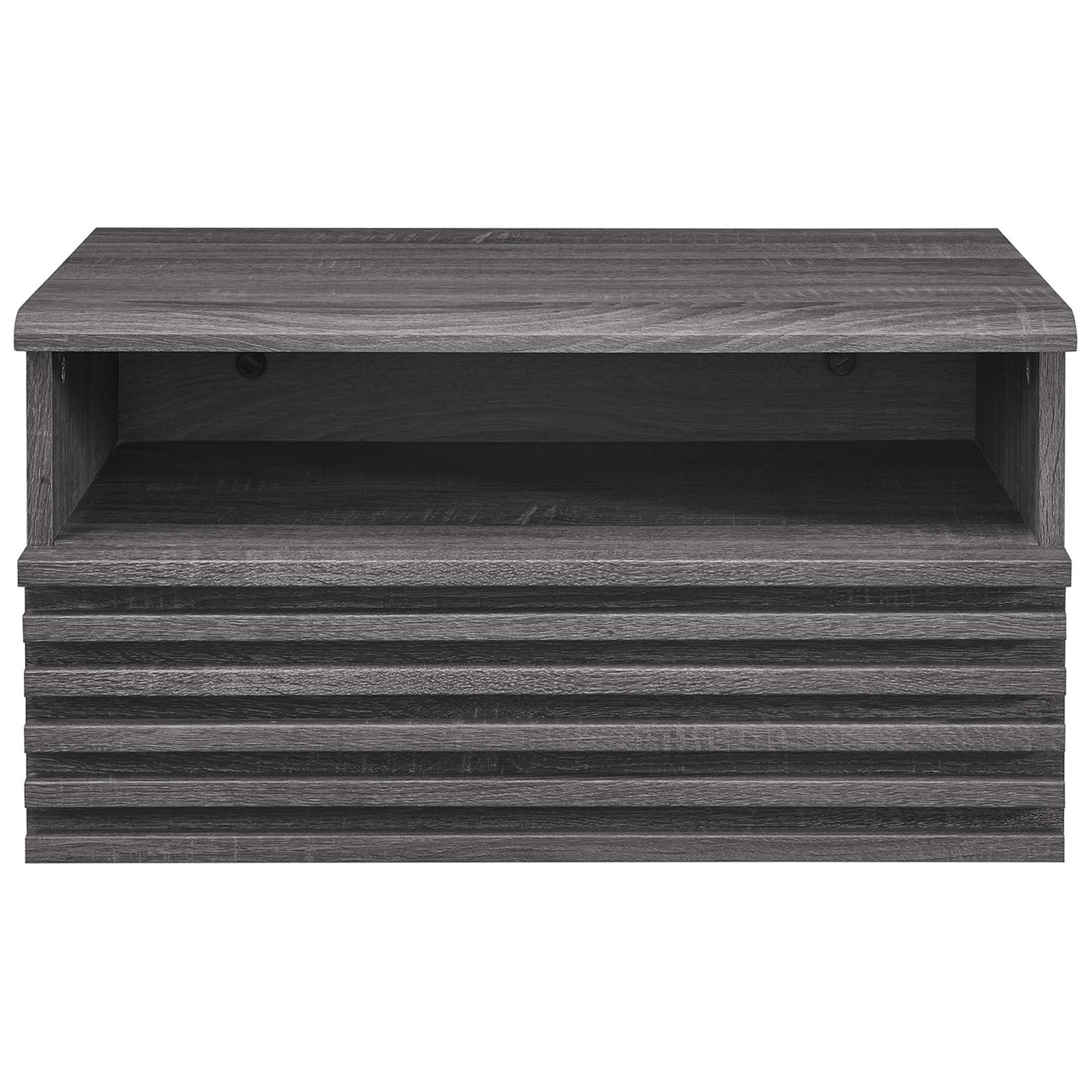 Charcoal wall mounted nightstand with slatted drawer front and open storage shelf || MOD-7058-CHA || front_studio