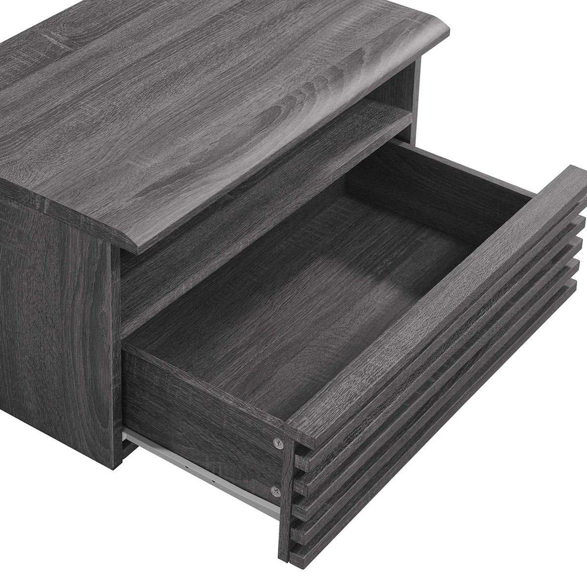 Charcoal wall mounted nightstand with full extension drawer open for easy bedside storage || MOD-7058-CHA || storage_open_studio