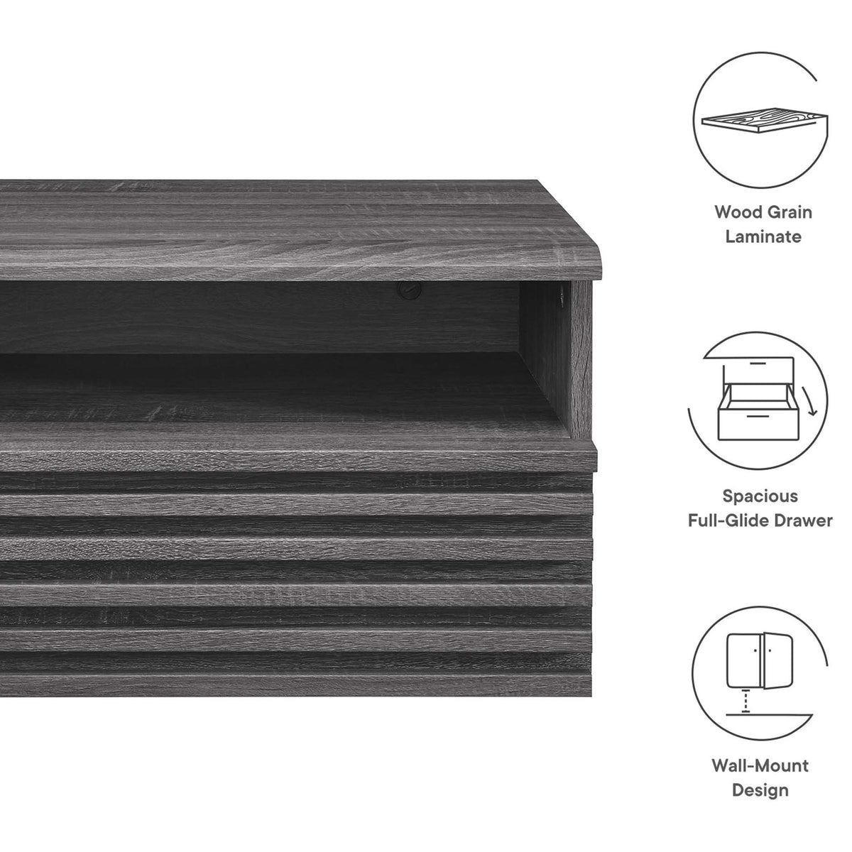 Charcoal nightstand with wood grain laminate full glide drawer and wall mount design icons || MOD-7058-CHA || callout_studio
