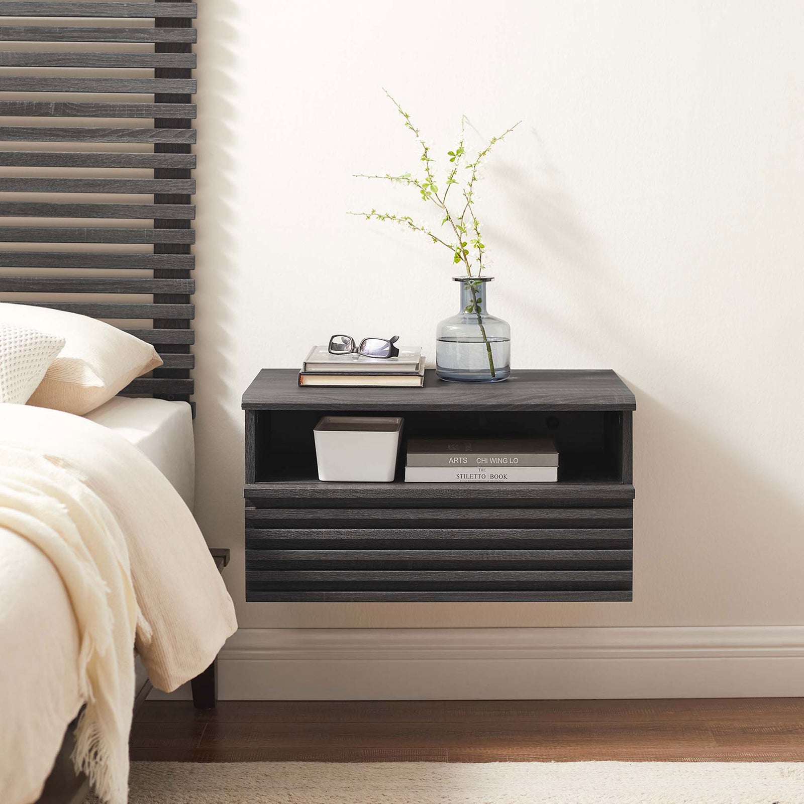 Charcoal wall mounted nightstand floating beside bed with books vase and decorative accents || MOD-7058-CHA || front_room
