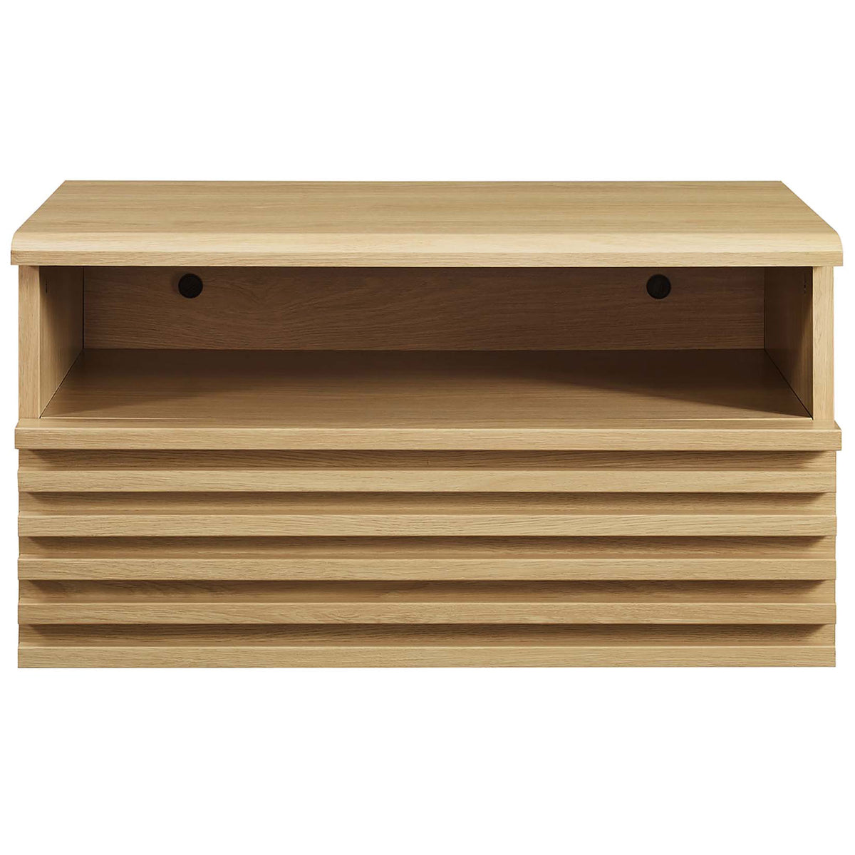 Render oak wall-mounted nightstand with open cubby, rear cable cutouts, and slatted drawer for organized storage || MOD-7058-OAK || front_studio