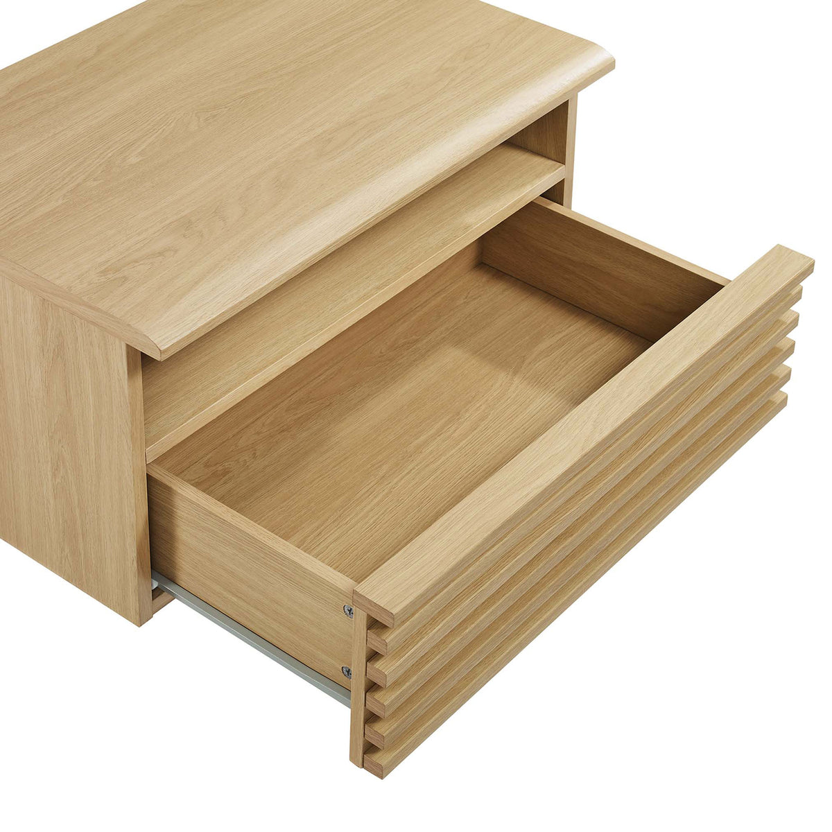 Render oak wall-mounted nightstand with deep full-extension drawer open to reveal spacious bedside storage || MOD-7058-OAK || storage_open_studio