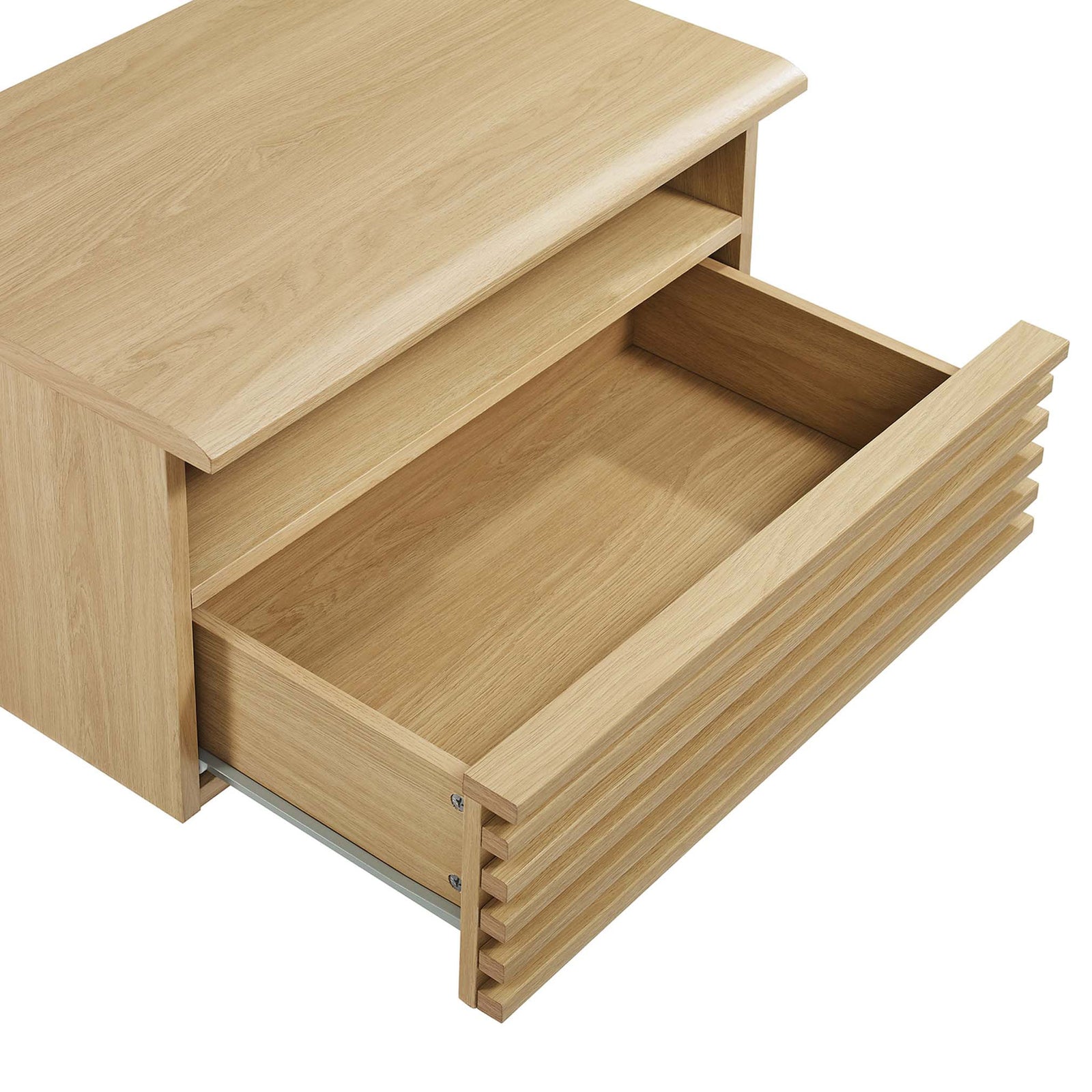 Render oak wall-mounted nightstand with deep full-extension drawer open to reveal spacious bedside storage || MOD-7058-OAK || storage_open_studio