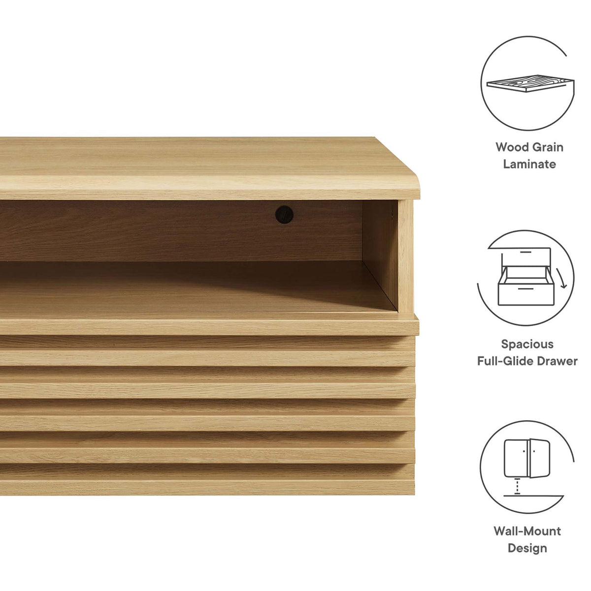 Render oak wall-mounted nightstand highlighting wood grain laminate, full-glide drawer, and wall-mount design || MOD-7058-OAK || callout_studio
