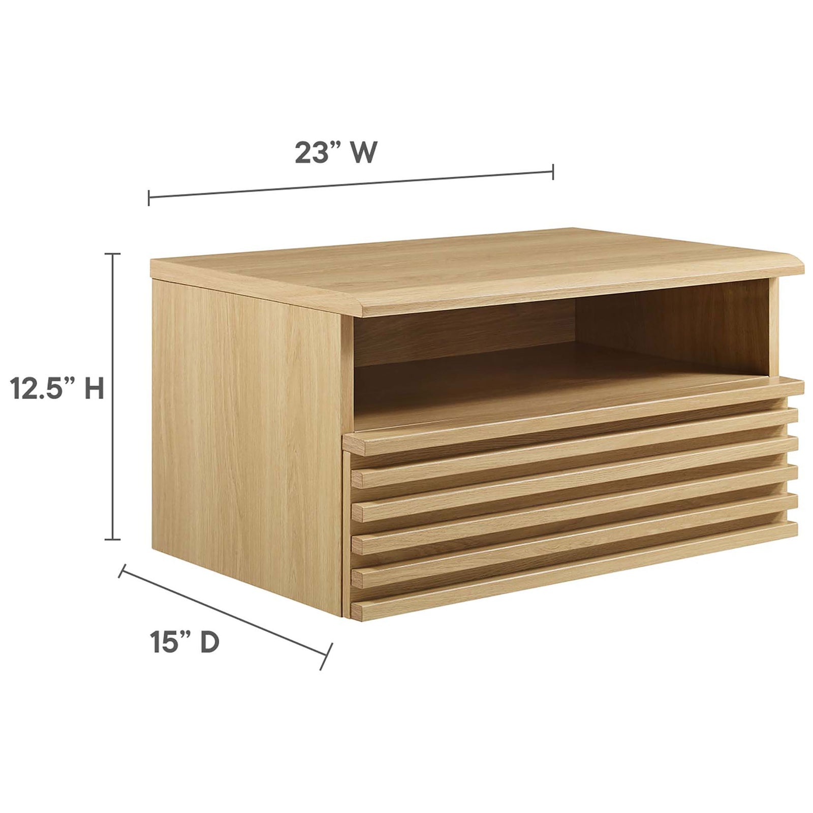 Render oak wall-mounted nightstand with labeled width, depth, and height dimensions for easy space planning || MOD-7058-OAK || dimension_studio