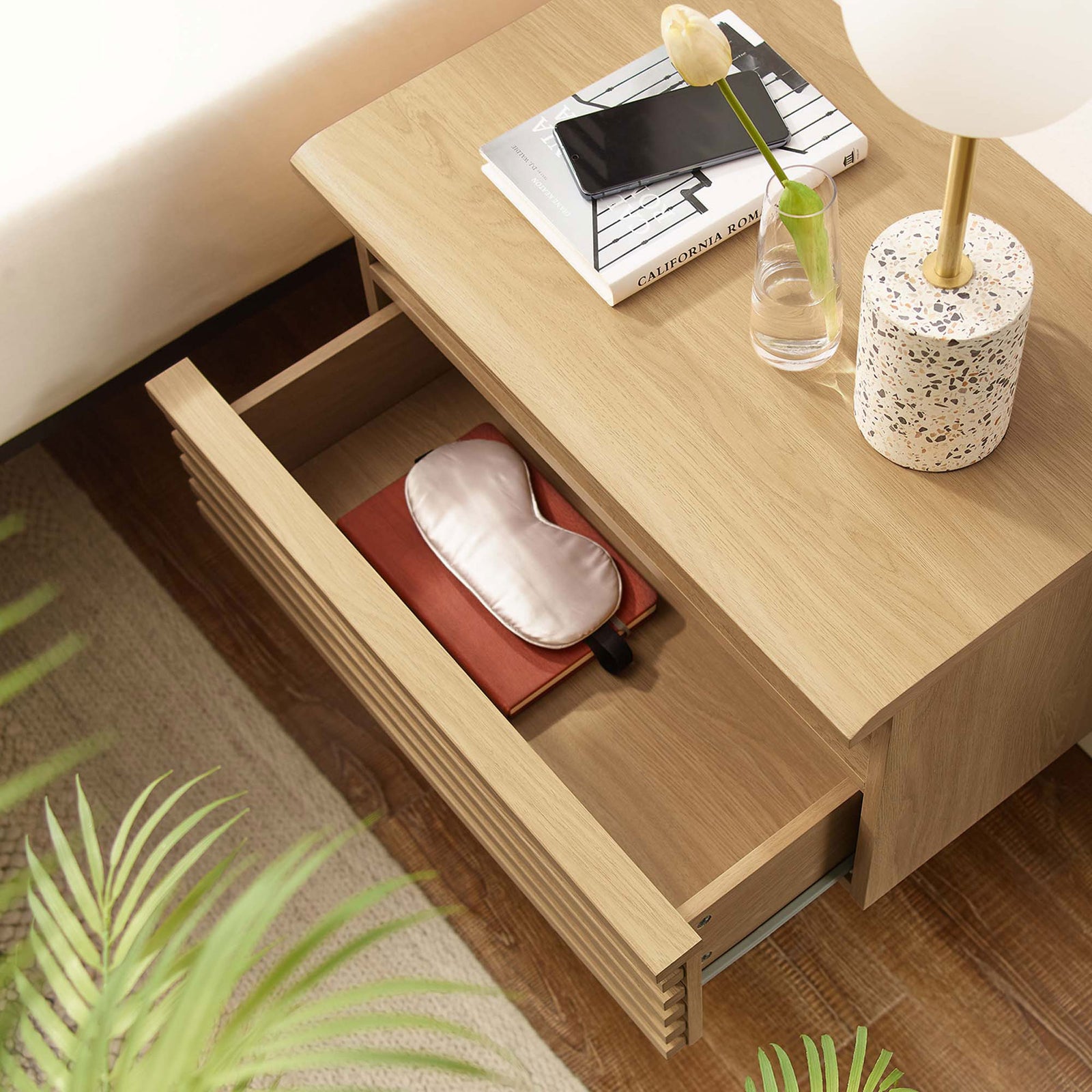 Render oak wall-mounted nightstand drawer styled with bedtime essentials for convenient nighttime storage || MOD-7058-OAK || storage_open_room