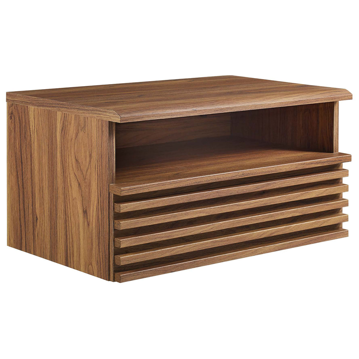 Mid-century walnut wall-mount nightstand with slatted drawer front and open cubby storage || MOD-7058-WAL || front_angle_studio