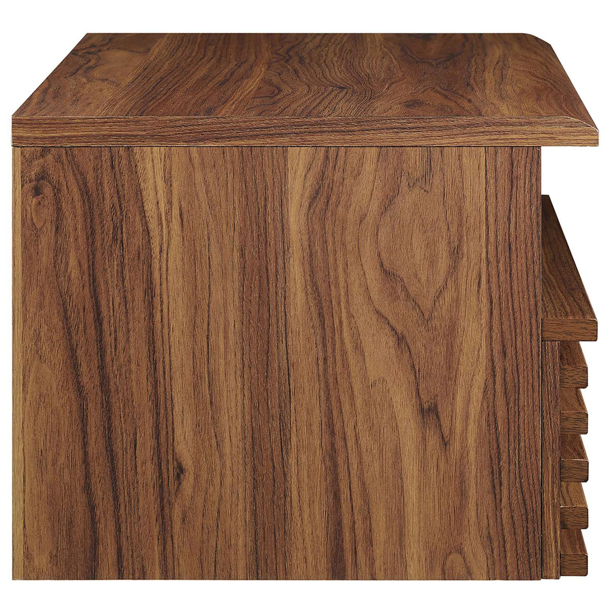 Warm walnut nightstand profile highlighting rich wood grain and streamlined wall-mounted silhouette || MOD-7058-WAL || side_studio