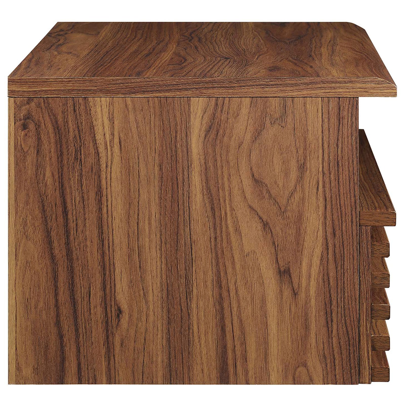 Warm walnut nightstand profile highlighting rich wood grain and streamlined wall-mounted silhouette || MOD-7058-WAL || side_studio