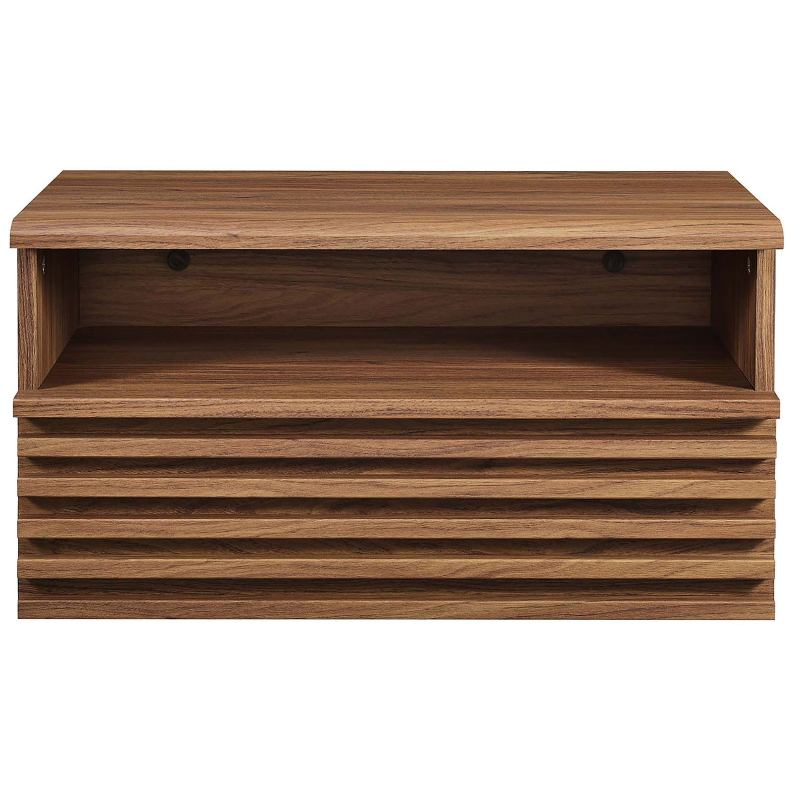 Render walnut wall-mount nightstand with wide open shelf and horizontal slatted drawer face || MOD-7058-WAL || front_studio