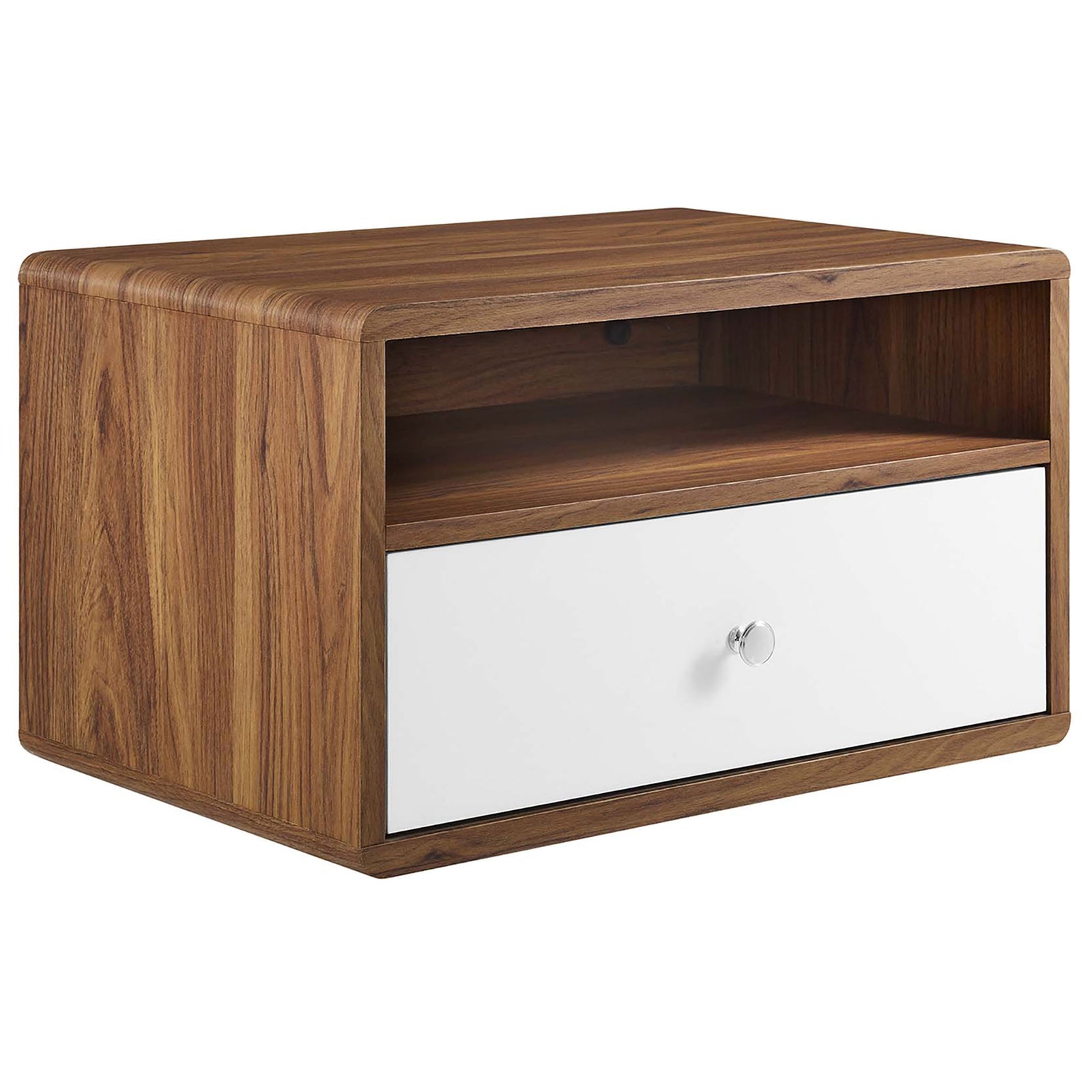 Rounded-edge wall-mount nightstand showcasing walnut wood grain and contrasting white drawer || MOD-7059-WAL-WHI || front_angle_studio