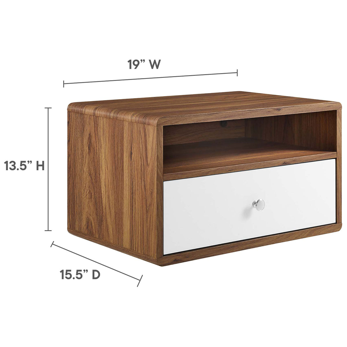 Nightstand with overlay dimensions showing compact wall-mounted profile ideal for modern bedrooms || MOD-7059-WAL-WHI || dimension_studio