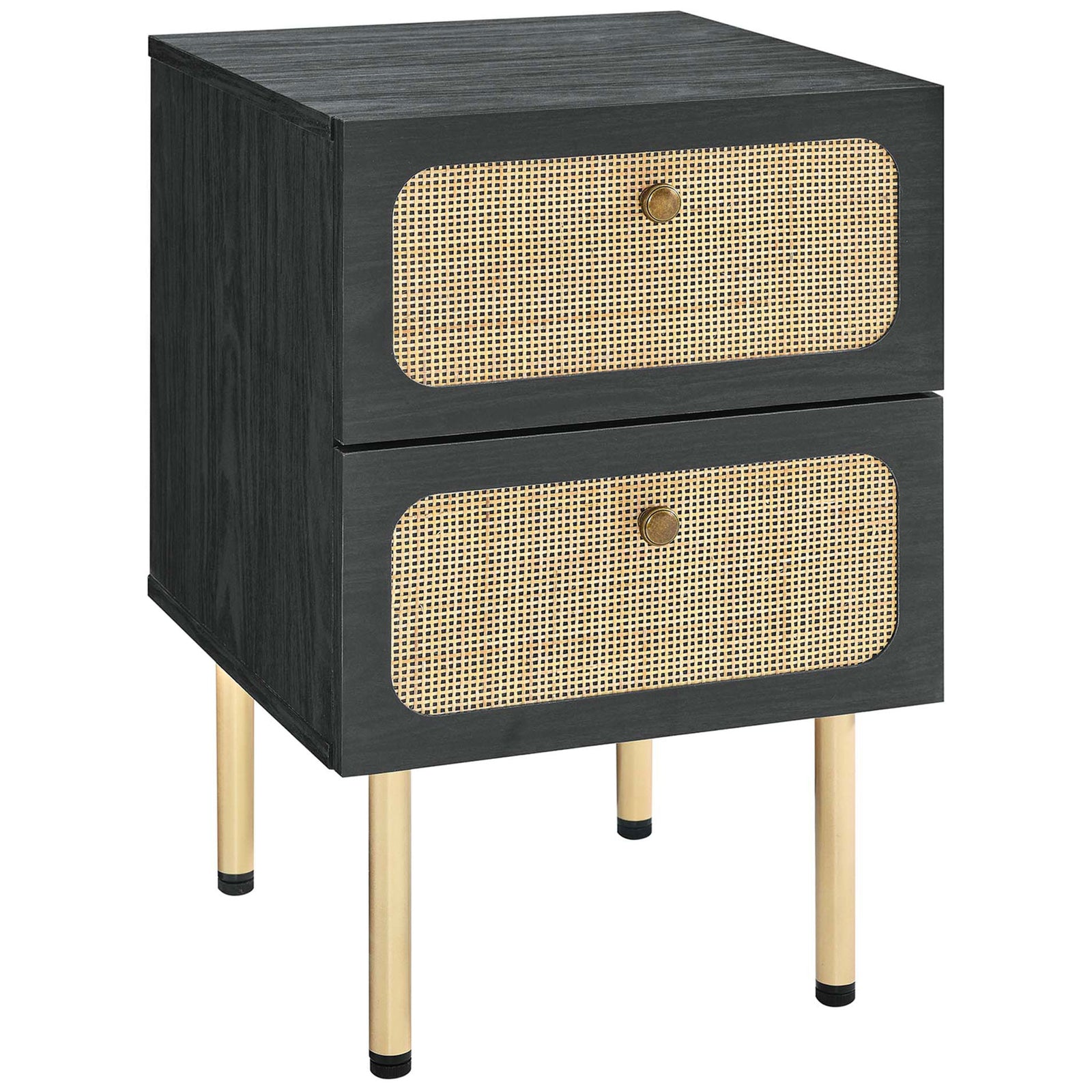 Black nightstand with oval rattan drawers and slim gold legs adds modern texture by the bedside || MOD-7063-BLK || front_angle_studio