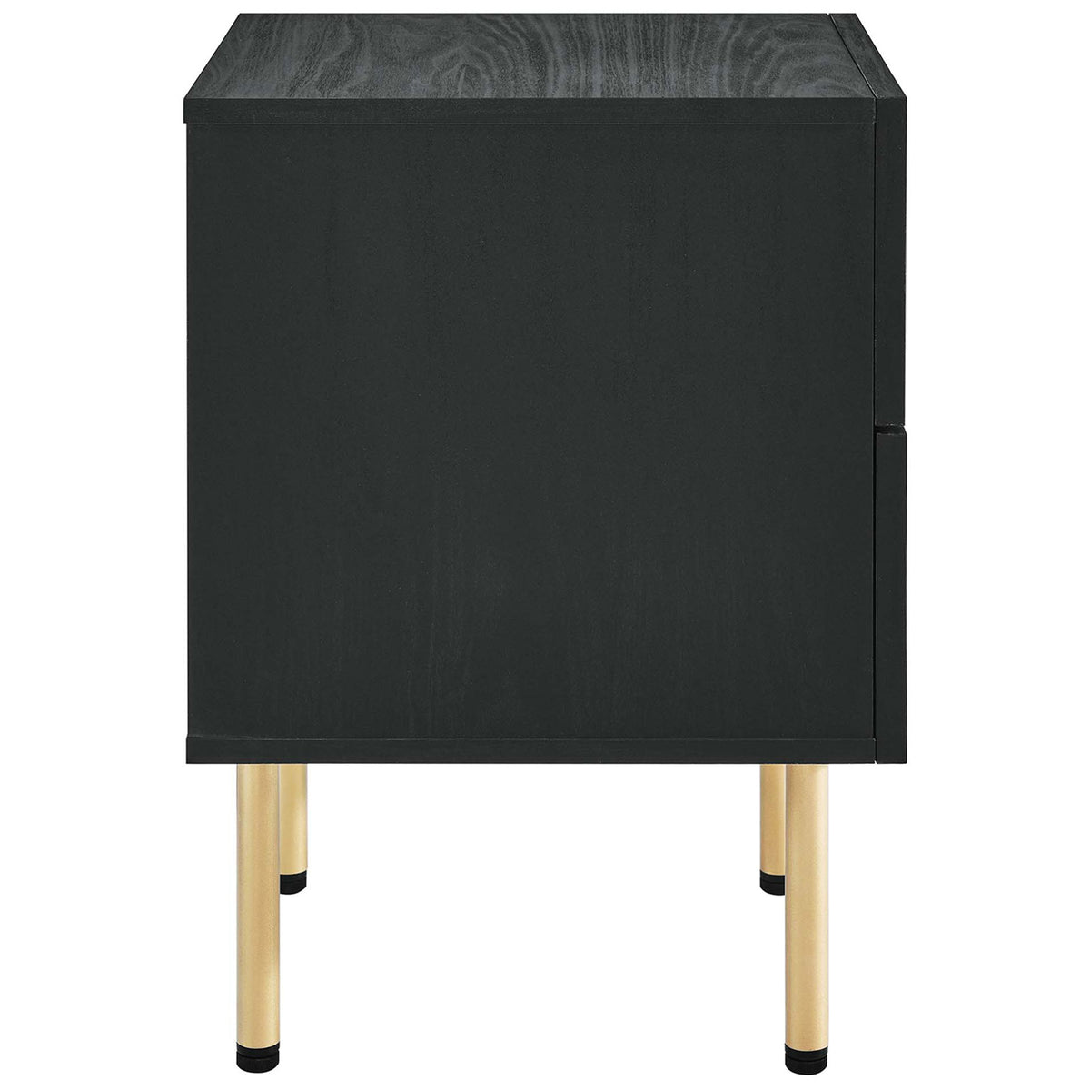 Sleek black nightstand side profile with slim gold metal legs for a light, airy bedroom look || MOD-7063-BLK || side_studio