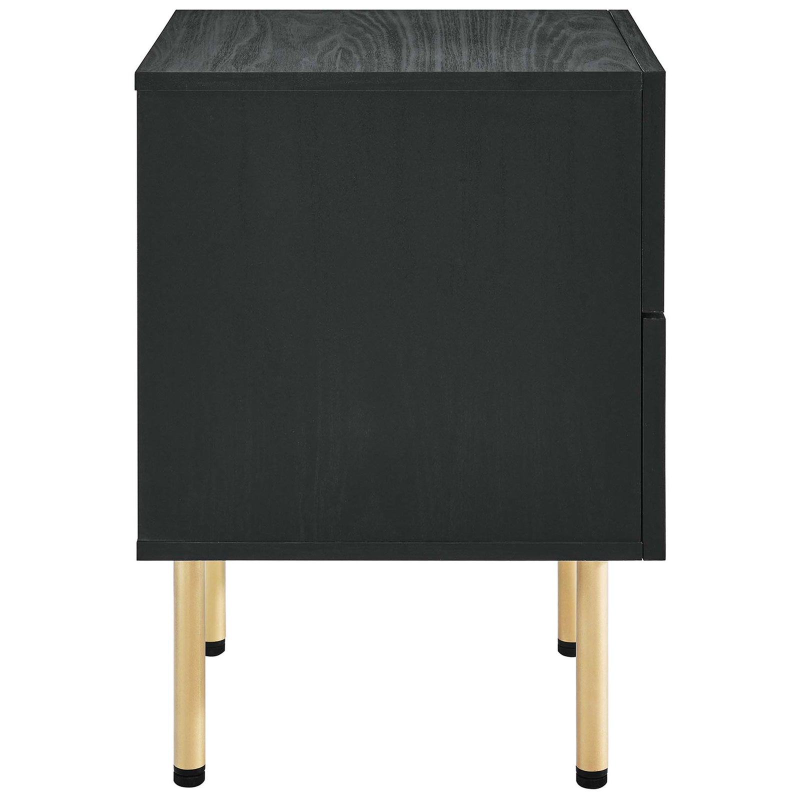 Sleek black nightstand side profile with slim gold metal legs for a light, airy bedroom look || MOD-7063-BLK || side_studio