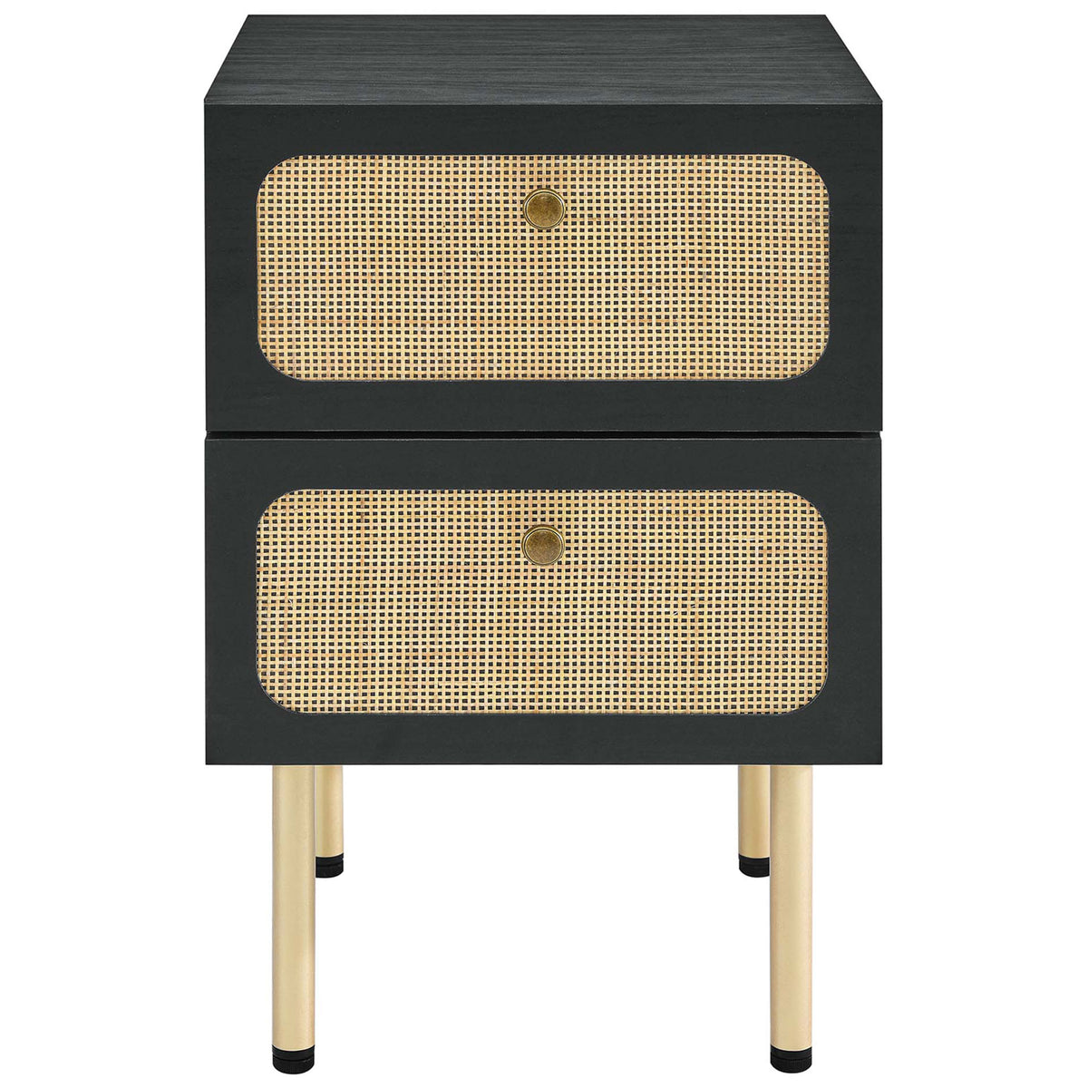 Modern black 2-drawer nightstand with woven rattan fronts and brass knobs for warm contrast || MOD-7063-BLK || front_studio