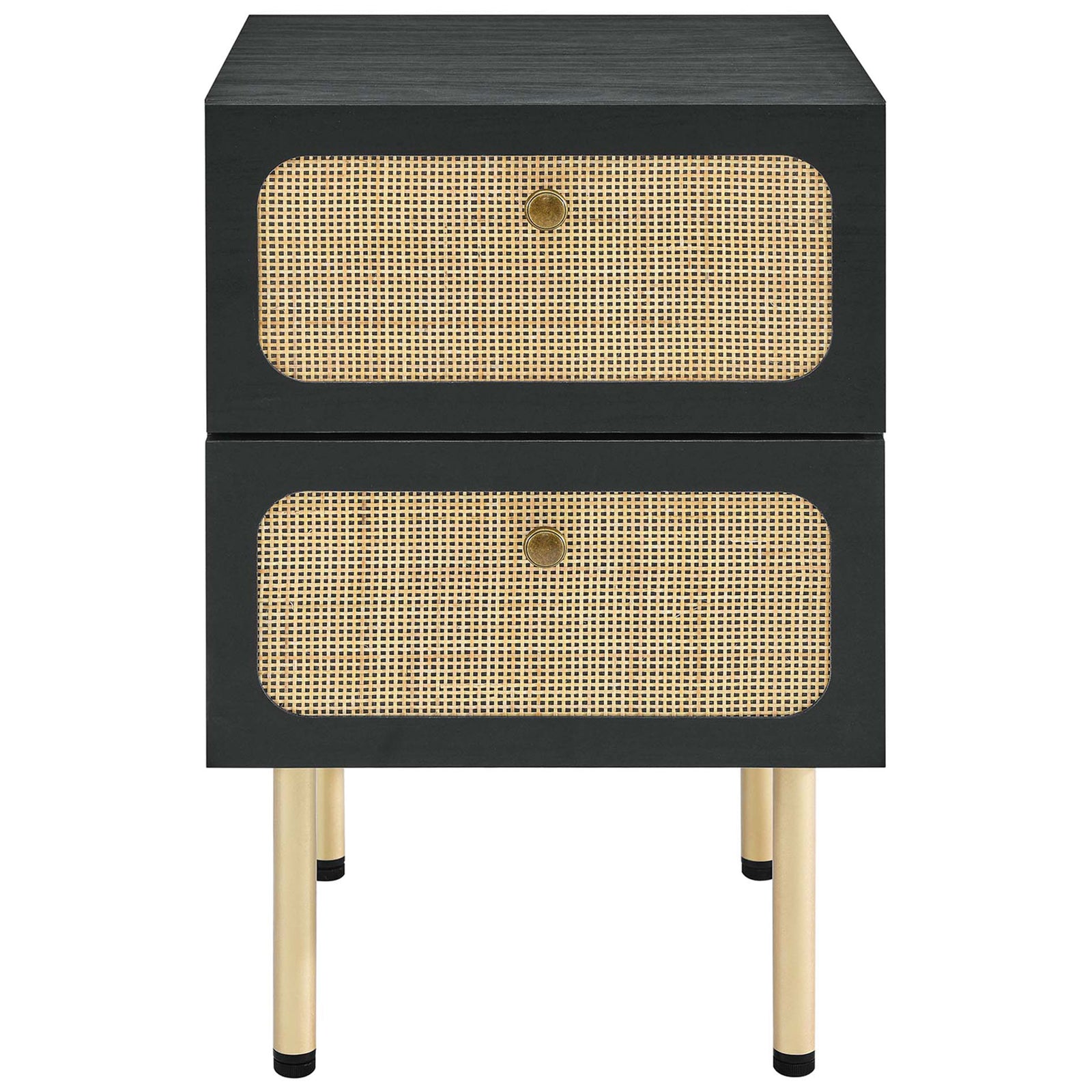 Modern black 2-drawer nightstand with woven rattan fronts and brass knobs for warm contrast || MOD-7063-BLK || front_studio