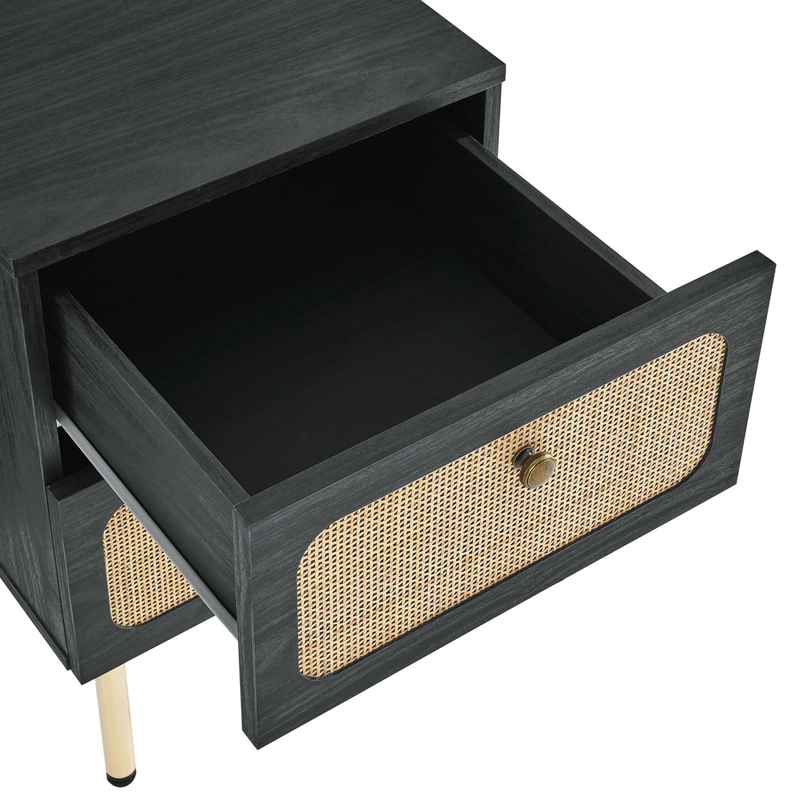 Spacious full-extension drawer reveals generous bedside storage in the rattan-front nightstand || MOD-7063-BLK || storage_open_studio